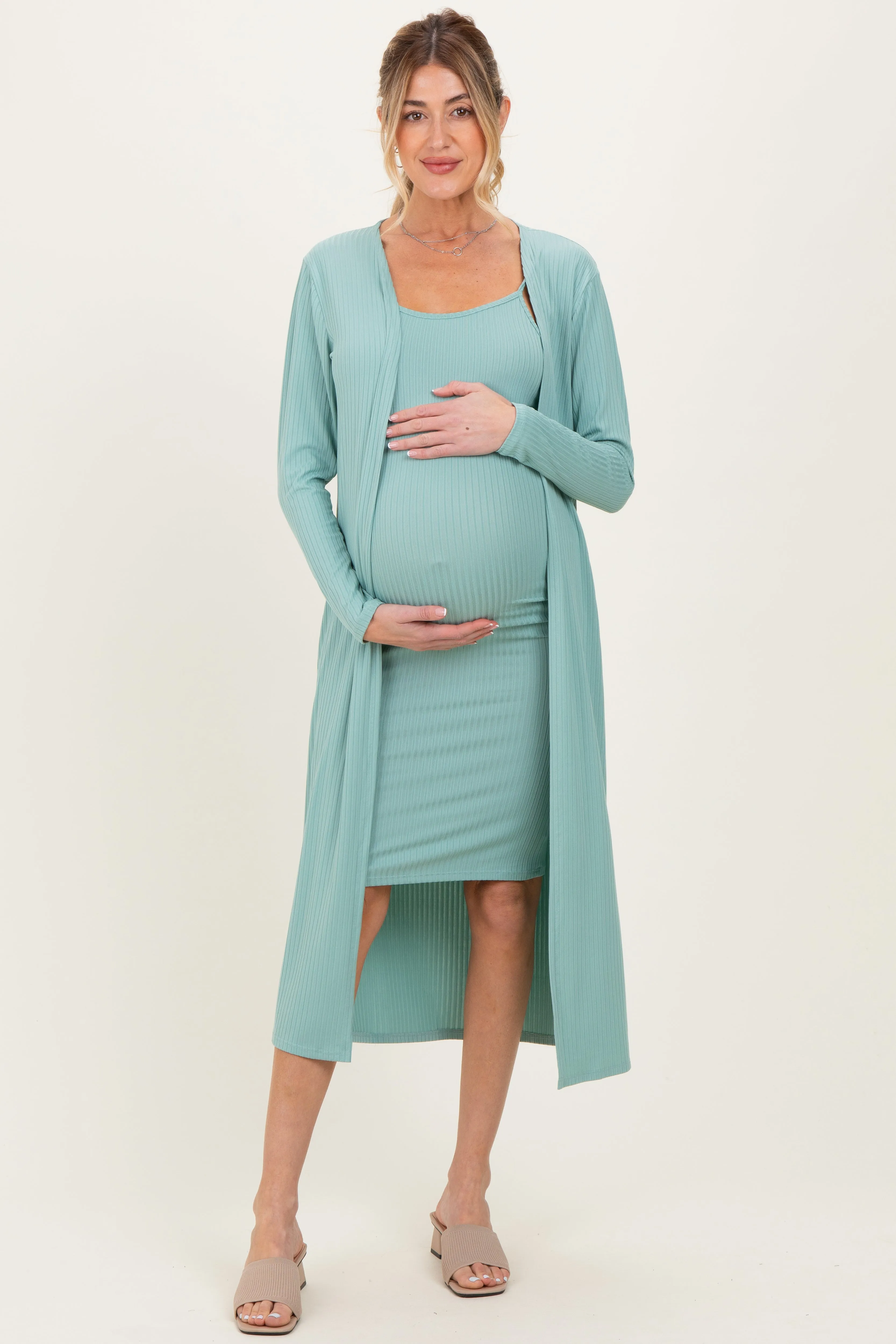 Sage Ribbed Cardigan 2 Piece Maternity Set sold by Pinkblush product image thumbnail 2