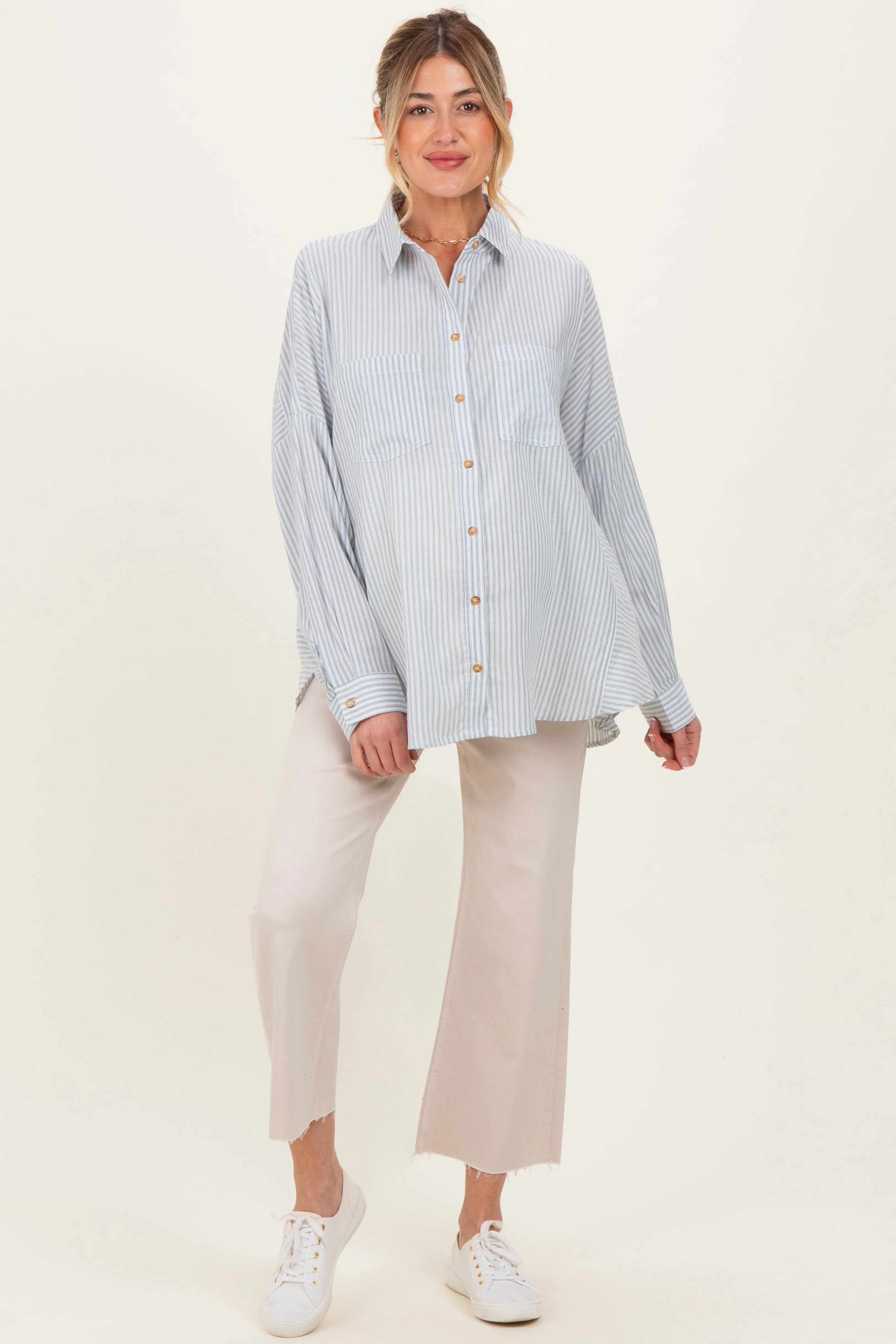 Blue Oversized Striped Button-Up Maternity Shirt sold by Pinkblush product image thumbnail 2