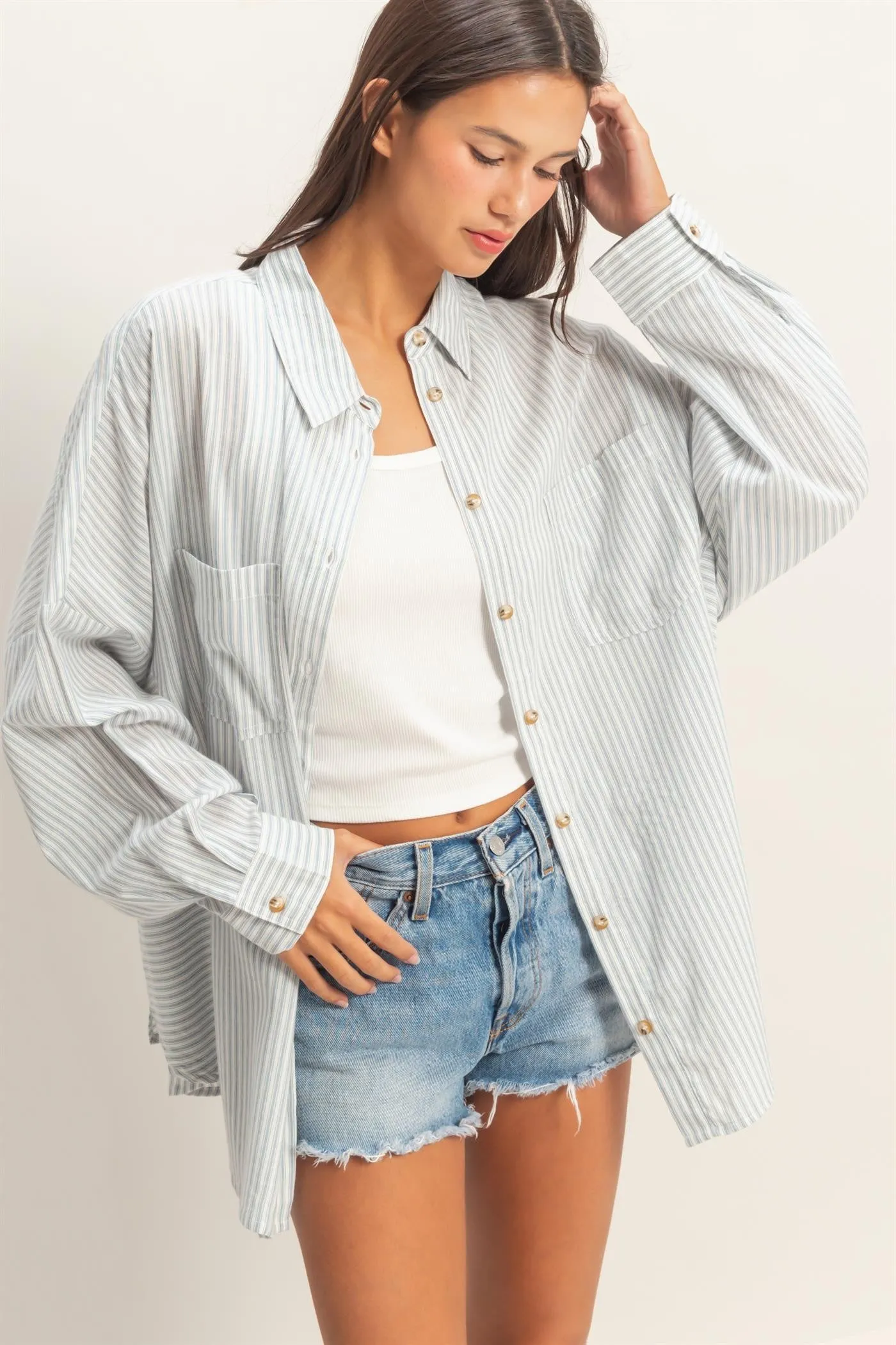 Blue Oversized Striped Button-Up Maternity Shirt sold by Pinkblush product image thumbnail 4