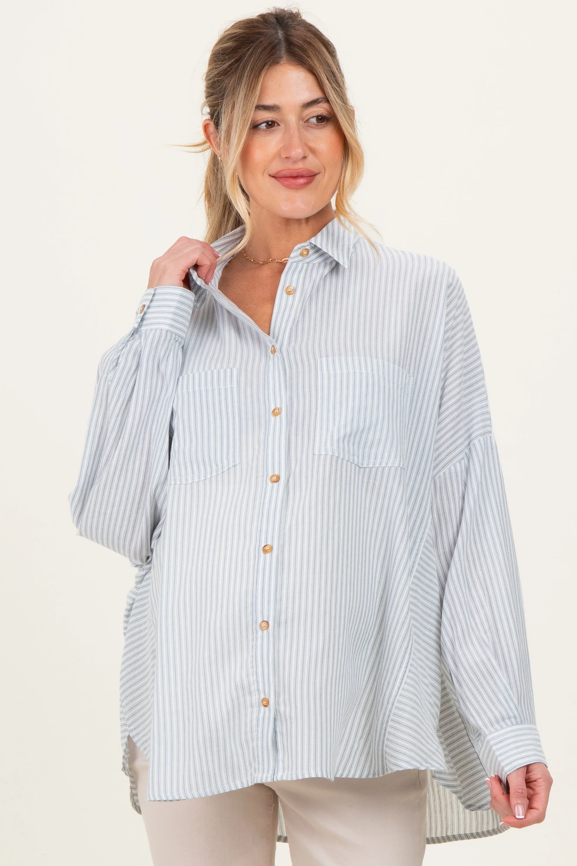 Blue Oversized Striped Button-Up Maternity Shirt sold by Pinkblush