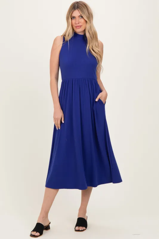 Royal Blue Ribbed Mock Neck Sleeveless Midi Dress sold by Pinkblush
