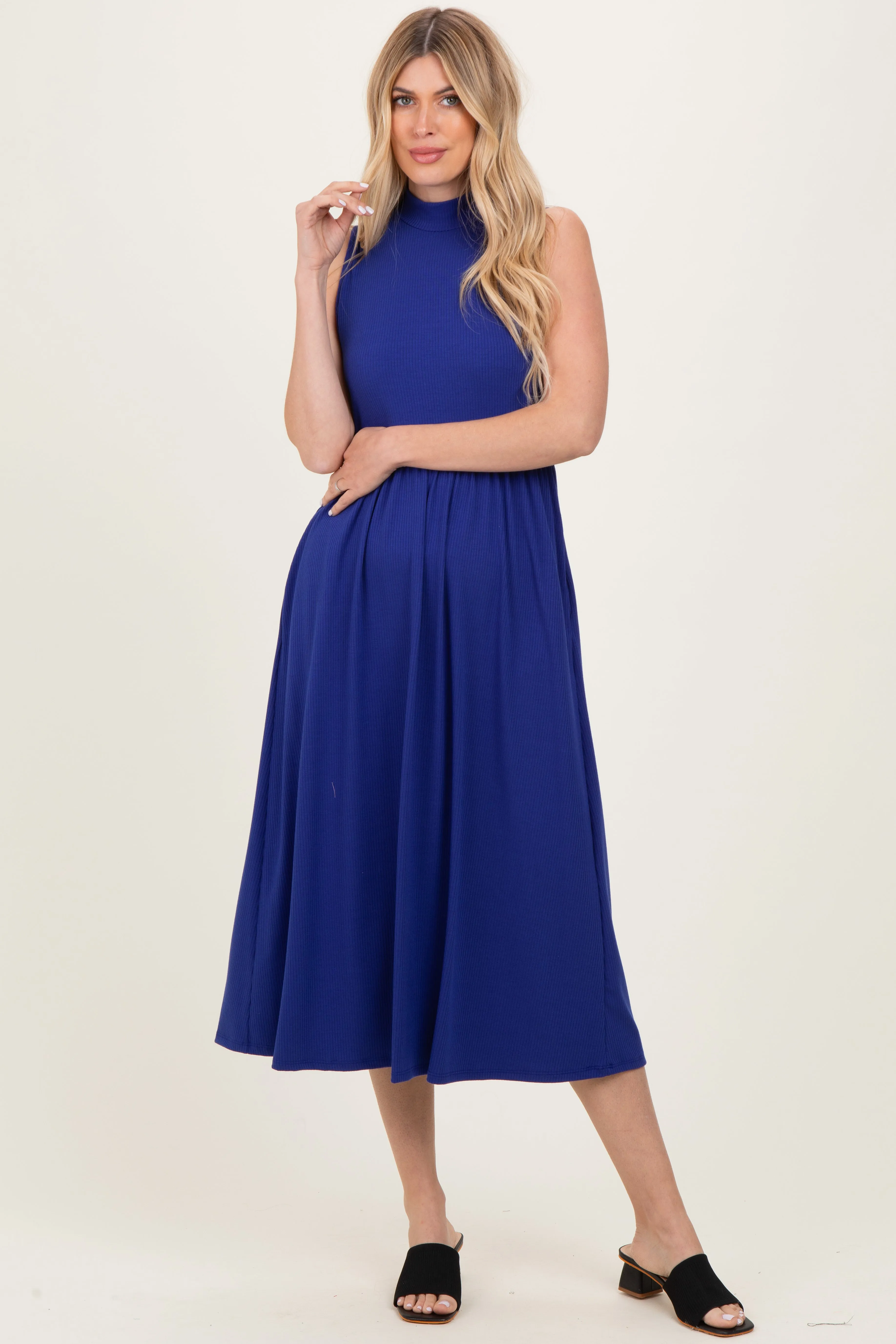 Royal Blue Ribbed Mock Neck Sleeveless Midi Dress sold by Pinkblush product image thumbnail 2