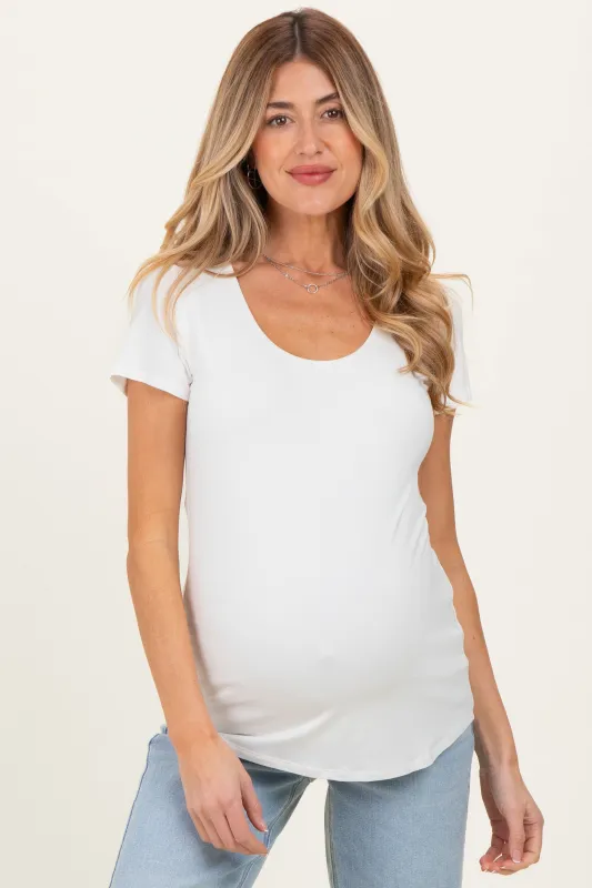 White Short Sleeve Scoop Neck Maternity Knit T-Shirt sold by Pinkblush