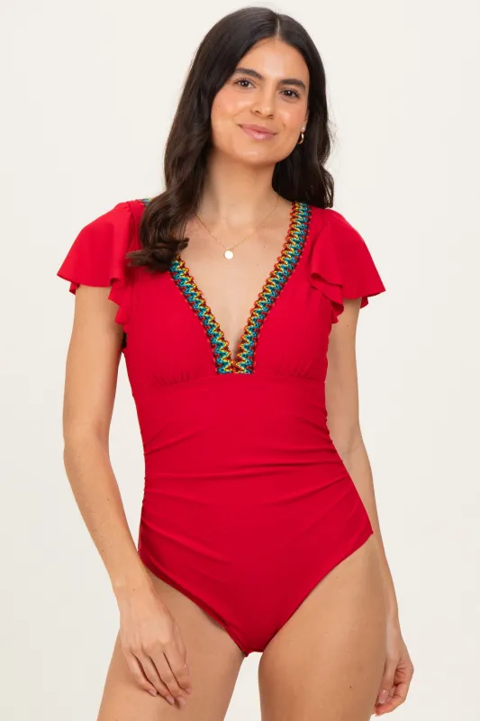 Red Crochet Accent One Piece Swimsuit sold by Pinkblush