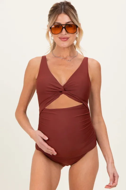 Brown Ruched Sides Front Cutout Maternity One Piece Swimsuit made by Pinkblush