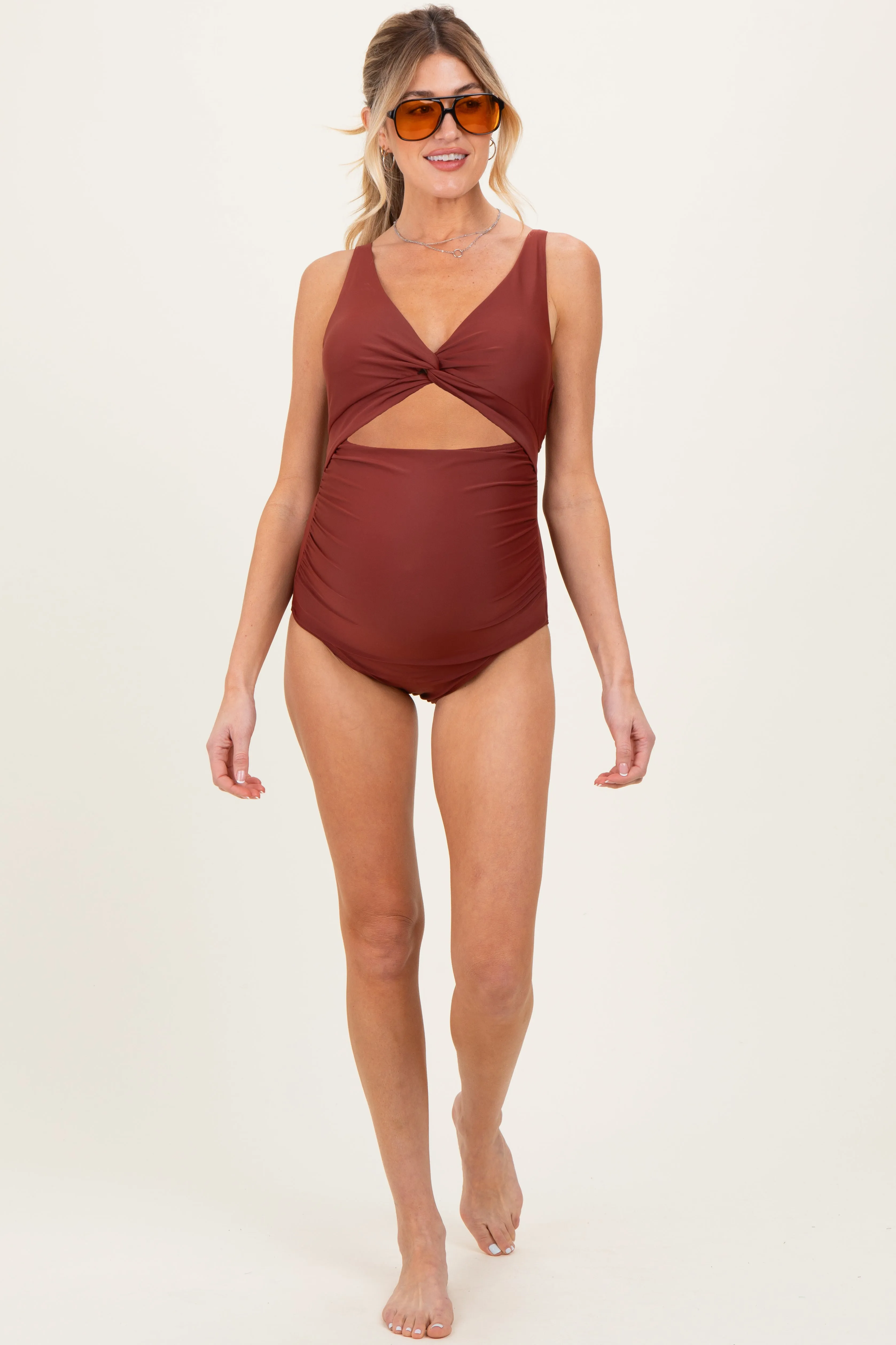 Brown Ruched Sides Front Cutout Maternity One Piece Swimsuit sold by Pinkblush product image thumbnail 2