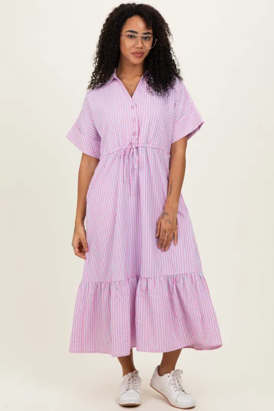 Pink Striped Button Collared Midi Dress sold by Pinkblush