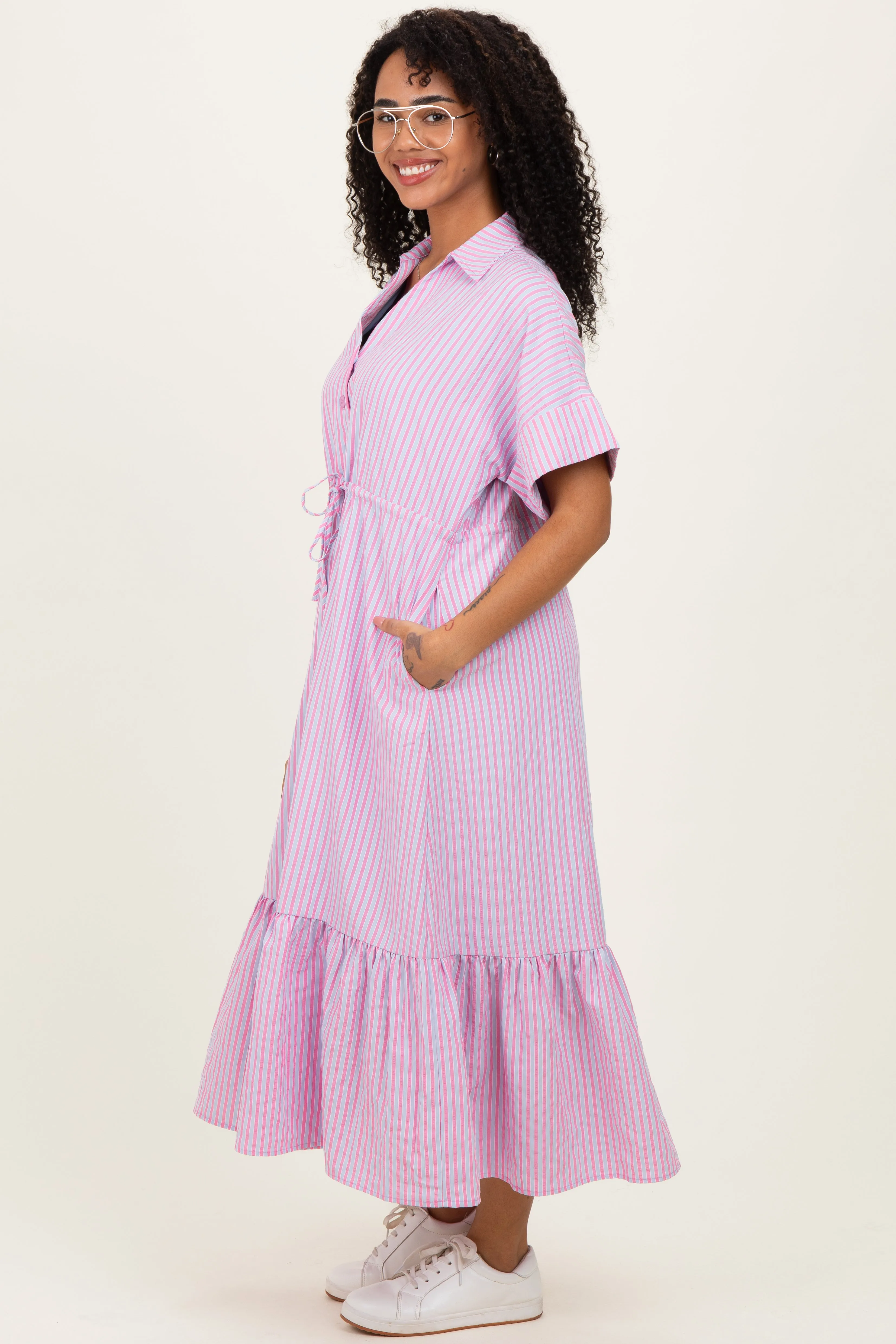 Pink Striped Button Collared Midi Dress sold by Pinkblush product image thumbnail 2