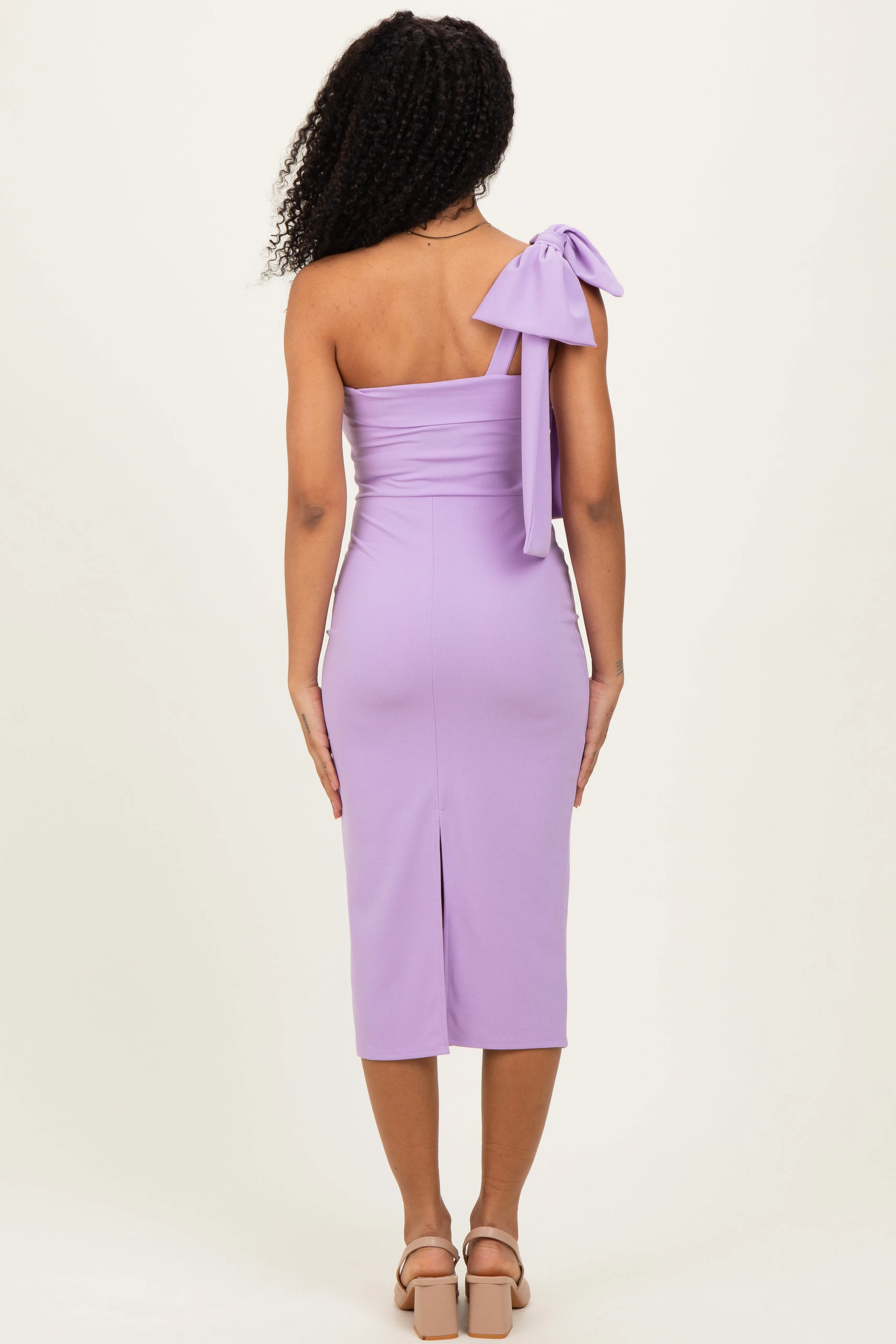 Lavender One Shoulder Bow Midi Dress sold by Pinkblush product image thumbnail 4