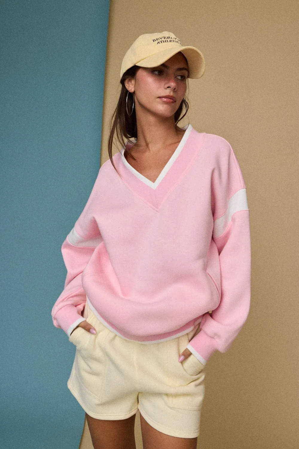 Pink Contrast Sleeve V-Neck Sweatshirt sold by Pinkblush