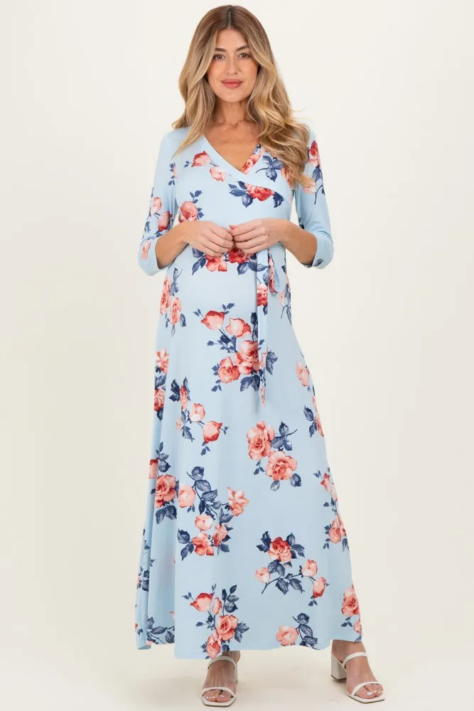 Sky Blue Floral Maternity Wrap Maxi Dress sold by Pinkblush product image thumbnail 2