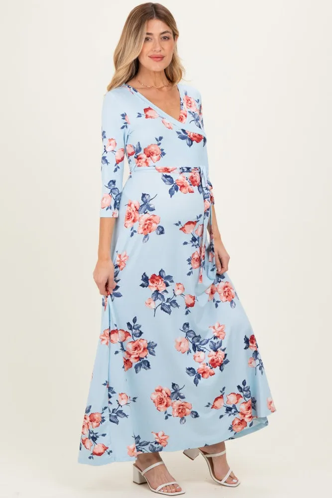 Sky Blue Floral Maternity Wrap Maxi Dress sold by Pinkblush product image thumbnail 4