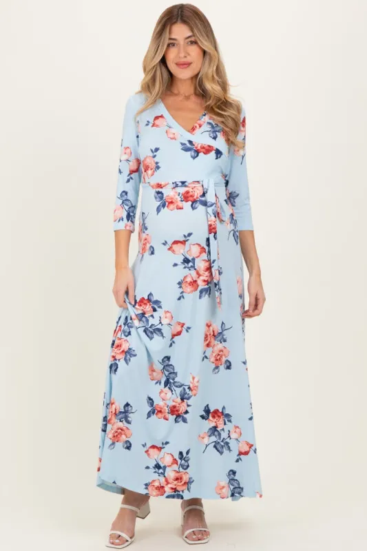 Sky Blue Floral Maternity Wrap Maxi Dress sold by Pinkblush