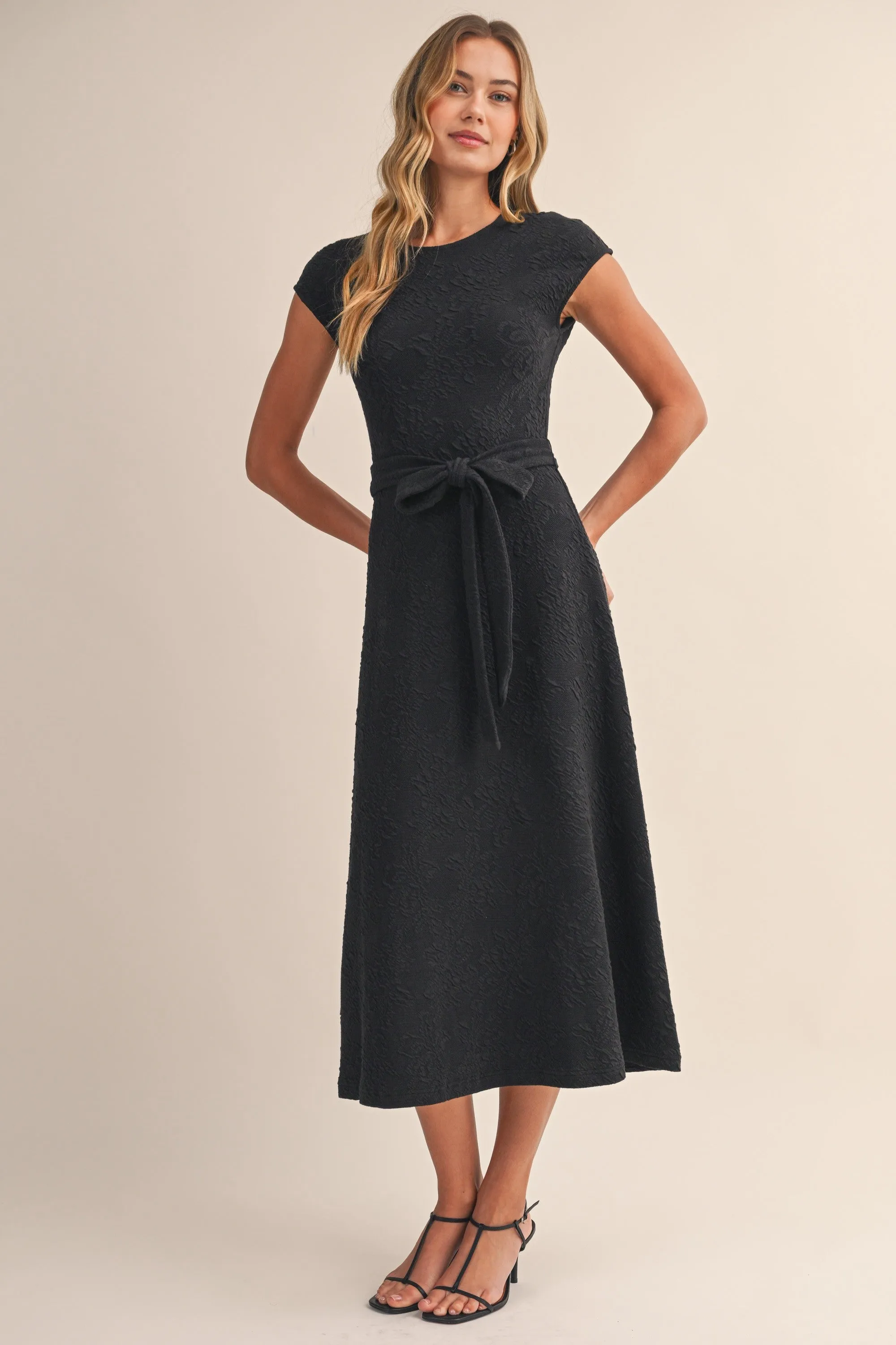 Black Jacquard Waist Tie Midi Dress sold by Pinkblush product image thumbnail 3