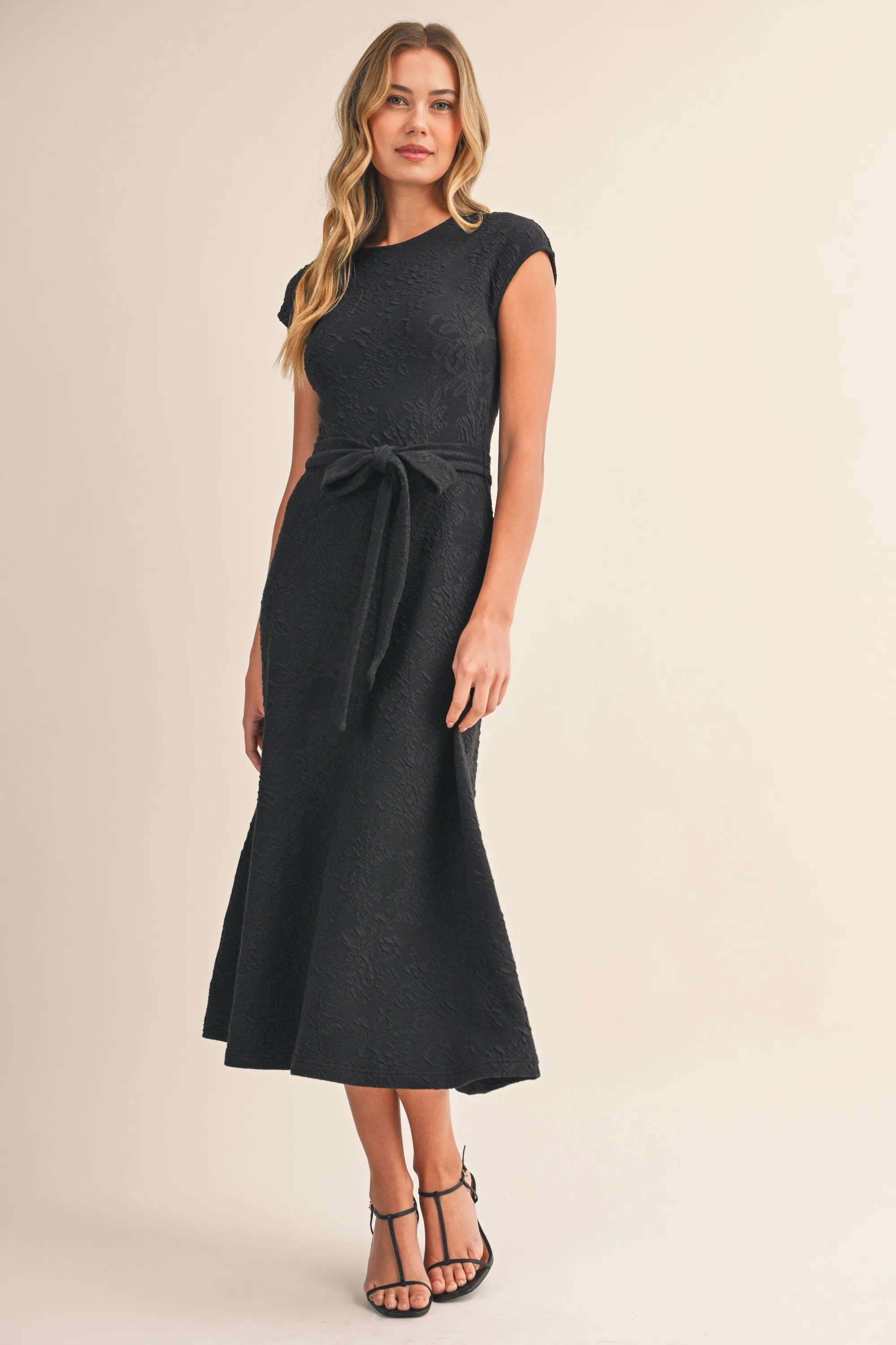 Black Jacquard Waist Tie Midi Dress sold by Pinkblush product image thumbnail 4