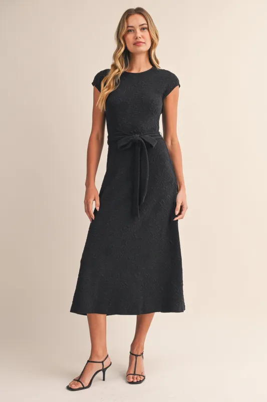 Black Jacquard Waist Tie Midi Dress made by Pinkblush