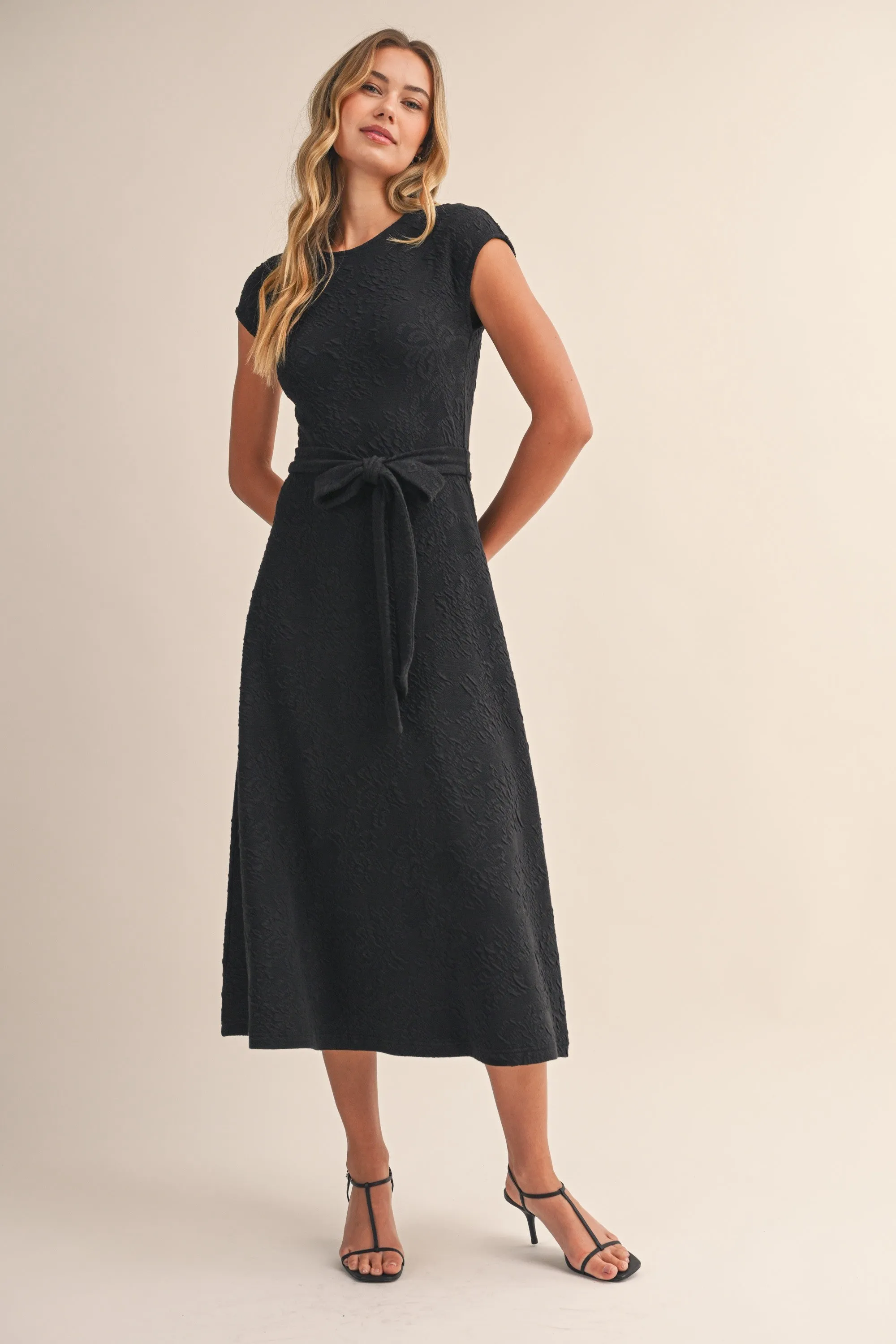 Black Jacquard Waist Tie Midi Dress sold by Pinkblush product image thumbnail 2