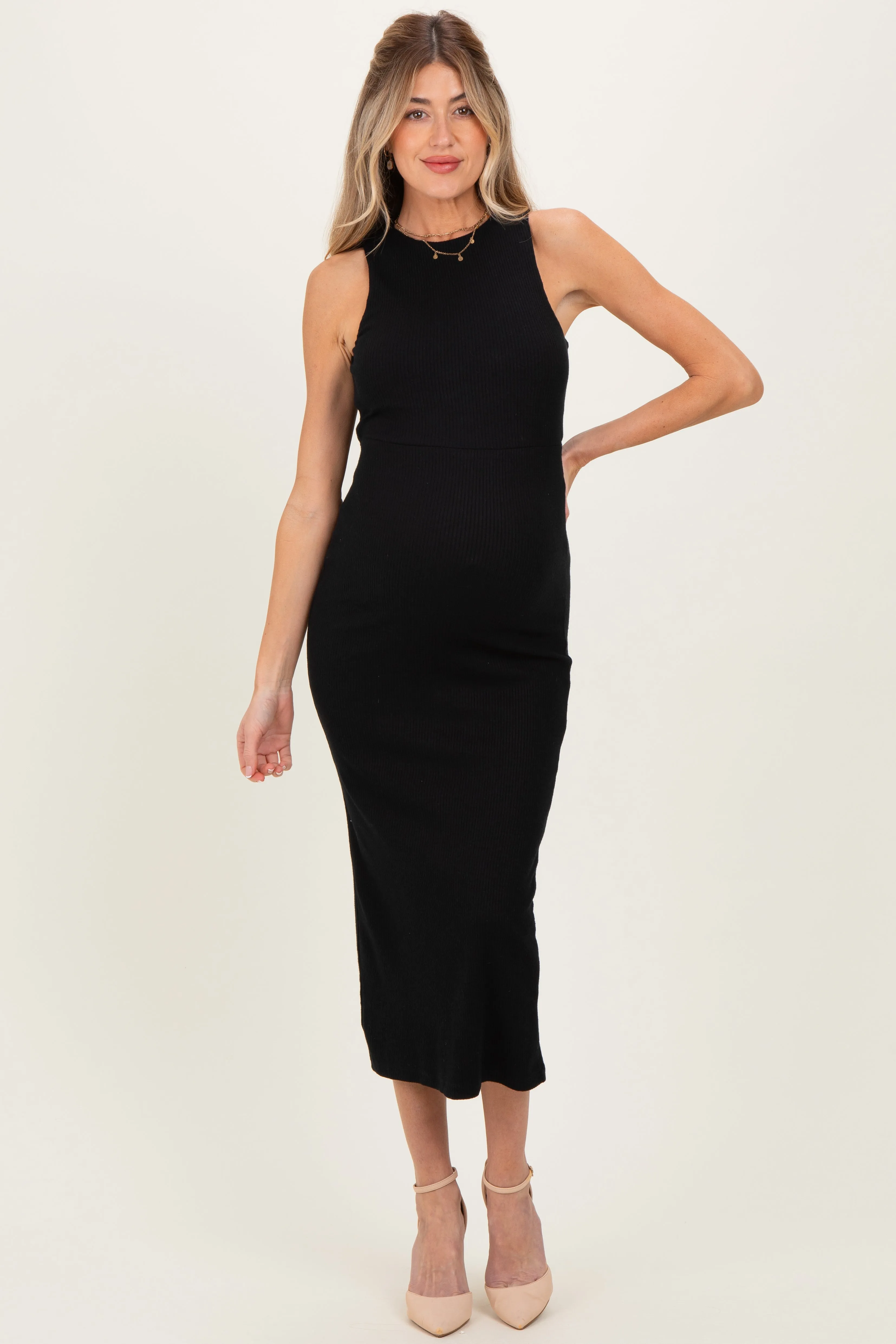 Black Knit Open Tie Back Sleeveless Maternity Midi Dress sold by Pinkblush product image thumbnail 2