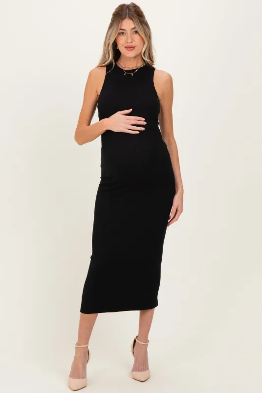 Black Knit Open Tie Back Sleeveless Maternity Midi Dress sold by Pinkblush