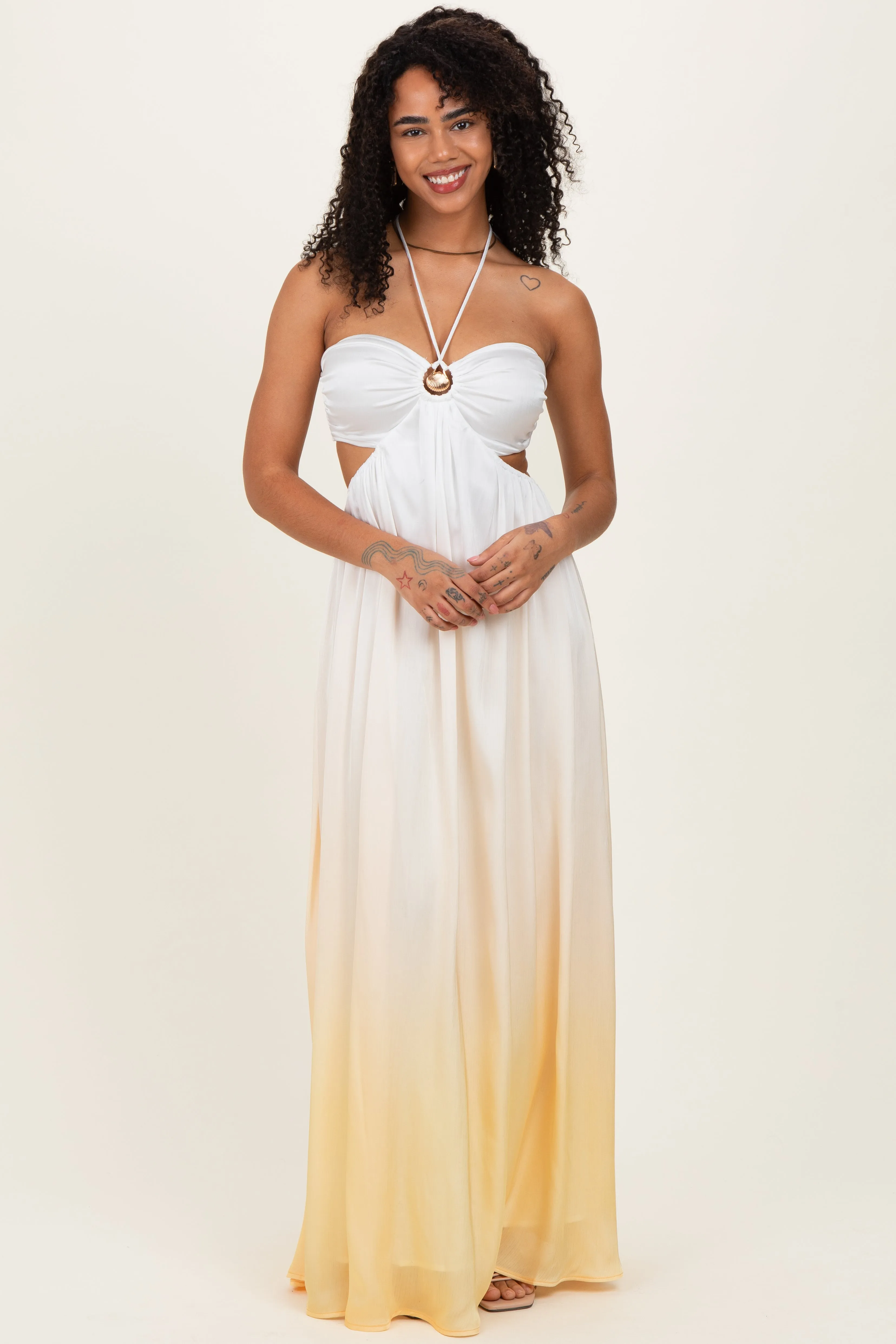 Yellow Ombre Satin Halter Cutout Maxi Dress sold by Pinkblush product image thumbnail 2