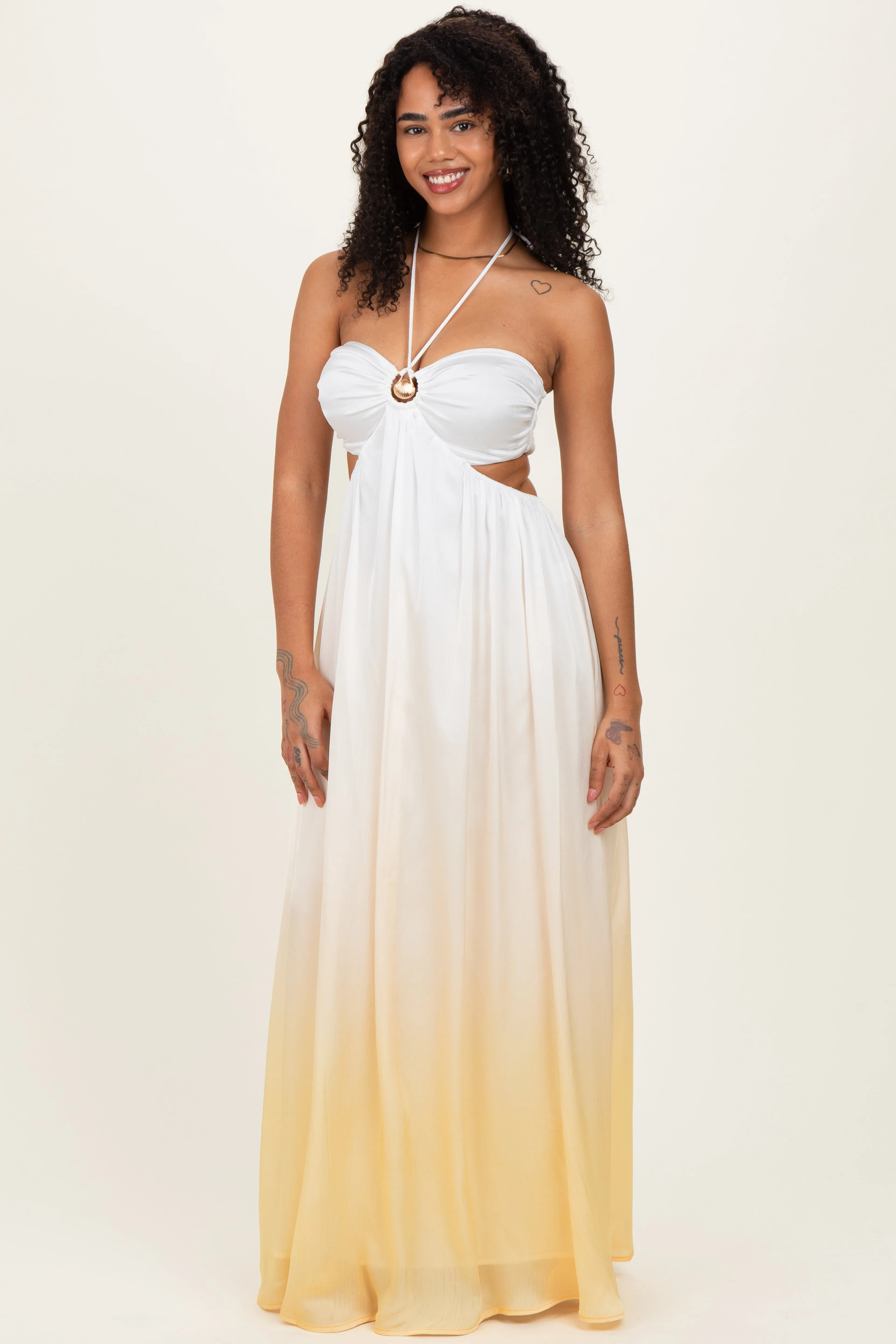Yellow Ombre Satin Halter Cutout Maxi Dress sold by Pinkblush product image thumbnail 3
