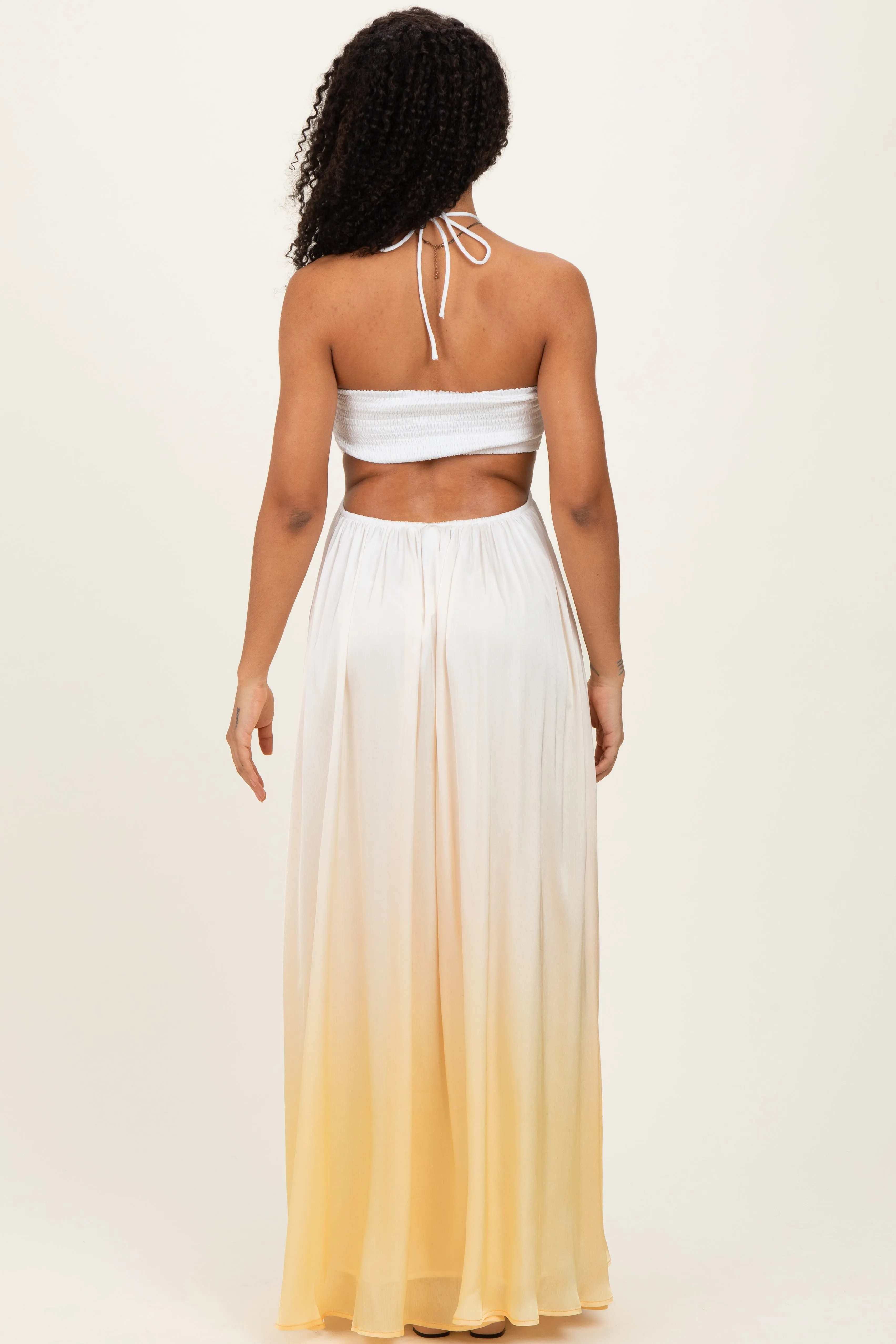 Yellow Ombre Satin Halter Cutout Maxi Dress sold by Pinkblush product image thumbnail 4