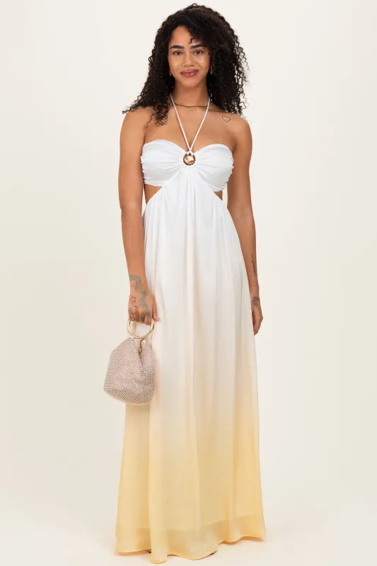 Yellow Ombre Satin Halter Cutout Maxi Dress made by Pinkblush
