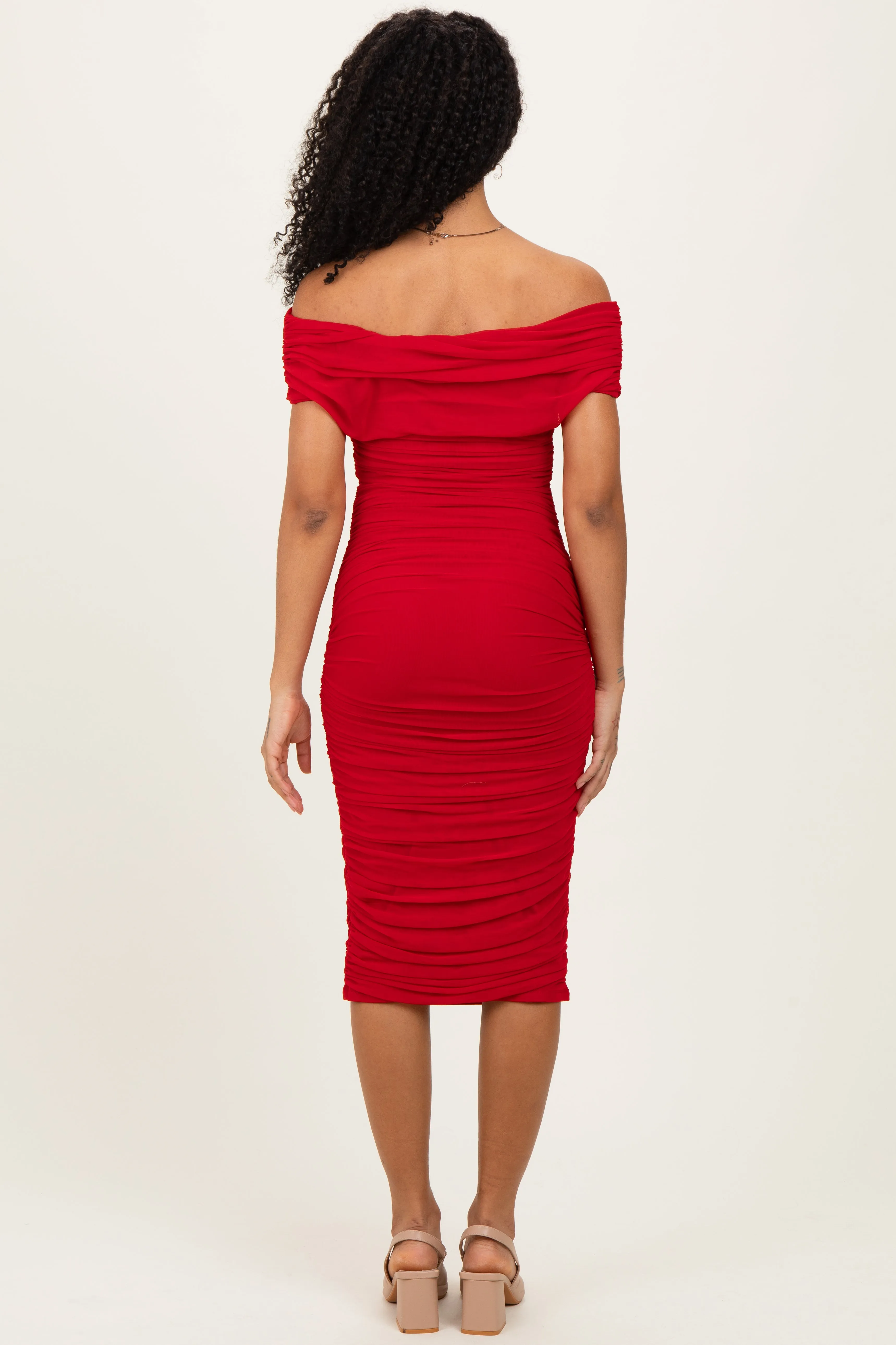 Red Ruched Mesh Off Shoulder Midi Dress sold by Pinkblush product image thumbnail 4
