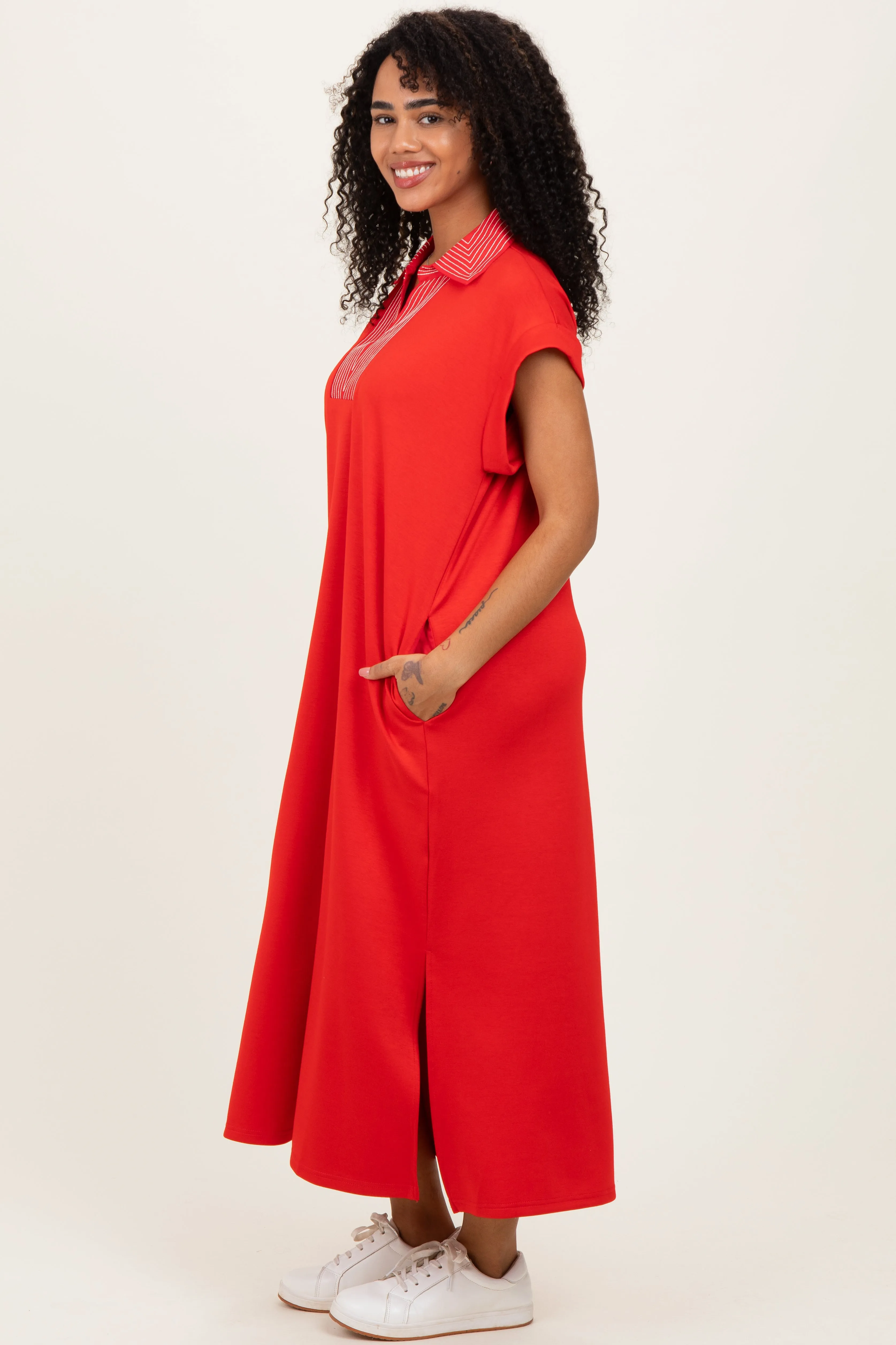 Red Striped Collared Side Slit Midi Dress sold by Pinkblush product image thumbnail 3