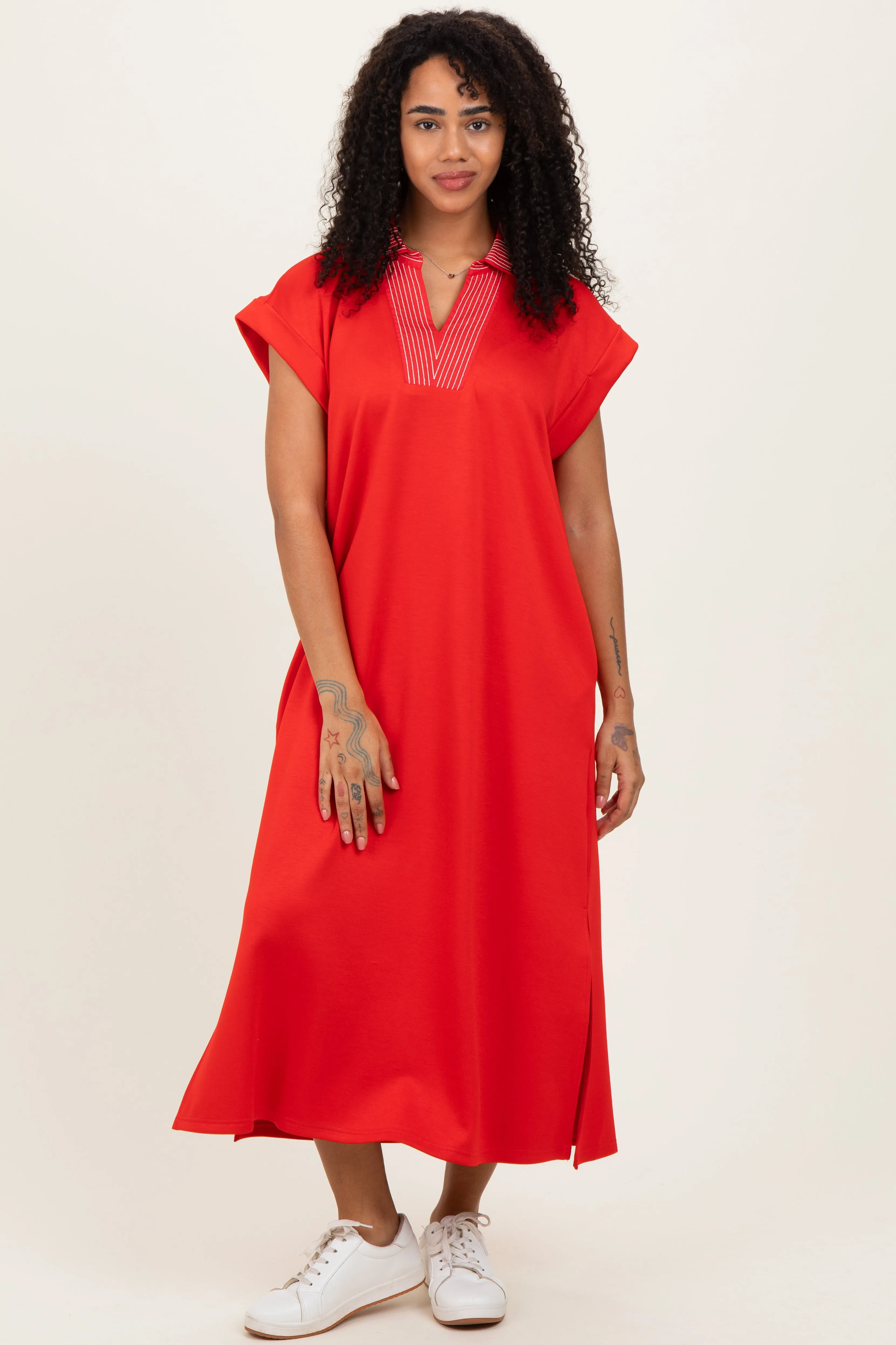 Red Striped Collared Side Slit Midi Dress sold by Pinkblush product image thumbnail 2