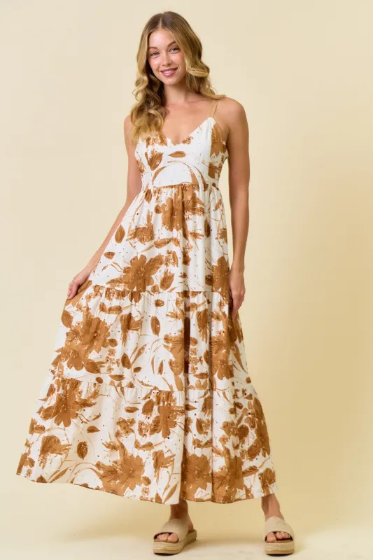 Mocha Floral Tiered Cutout Tie Back Maxi Dress sold by Pinkblush
