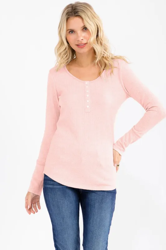Light Pink Pointelle Knit Henley Top sold by Pinkblush