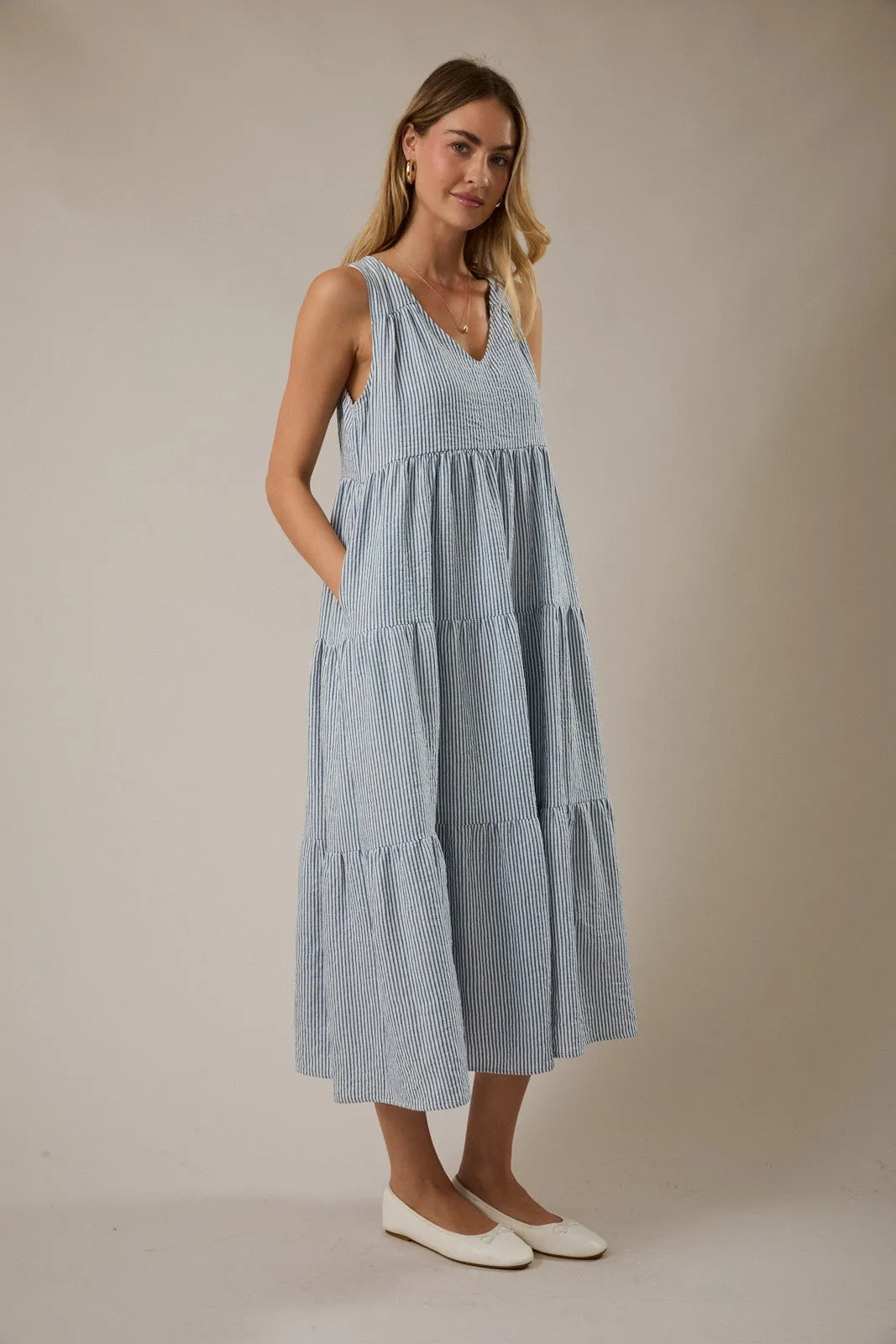 Blue Striped V-Neck Sleeveless Tiered Midi Dress sold by Pinkblush product image thumbnail 3