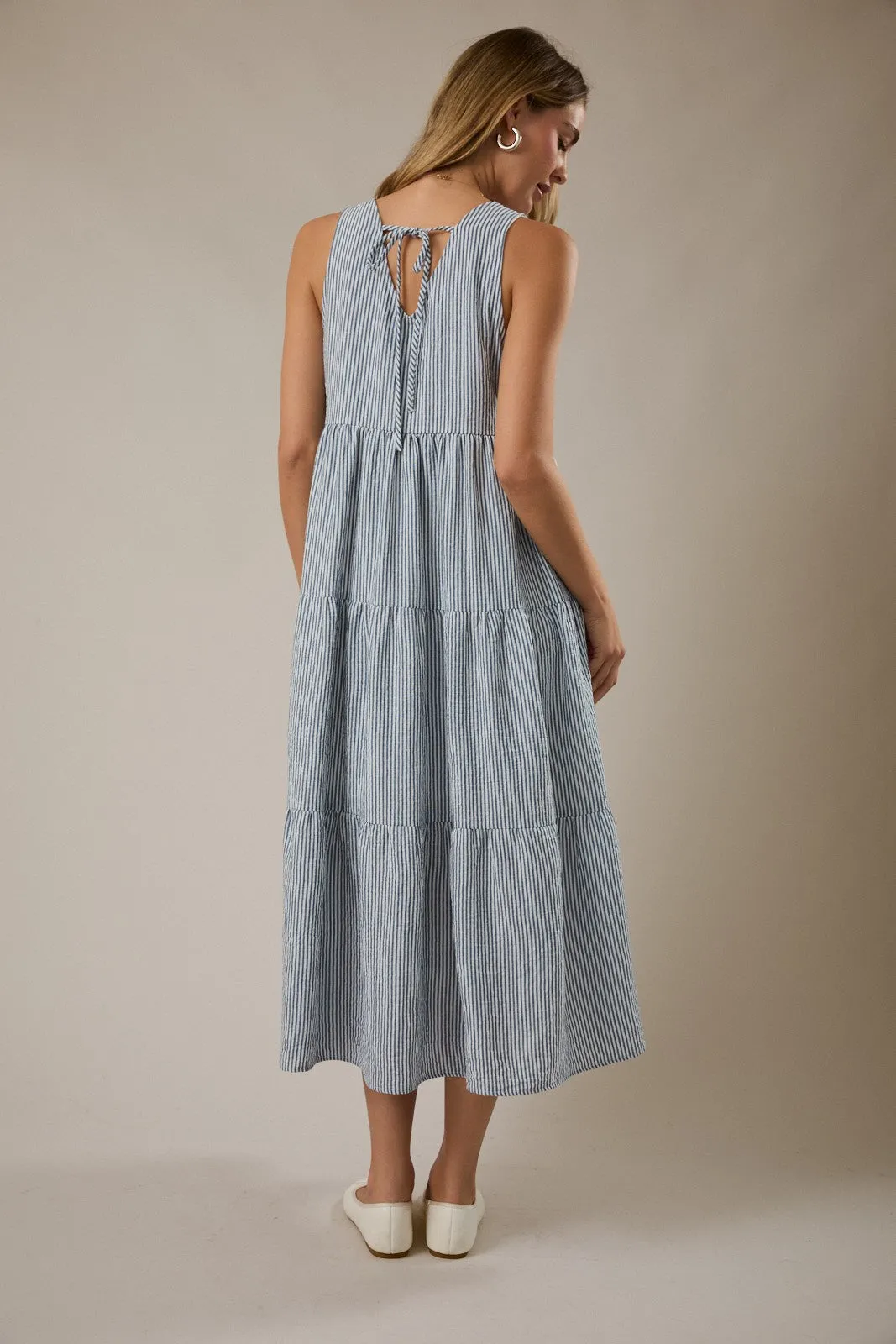 Blue Striped V-Neck Sleeveless Tiered Midi Dress sold by Pinkblush product image thumbnail 4