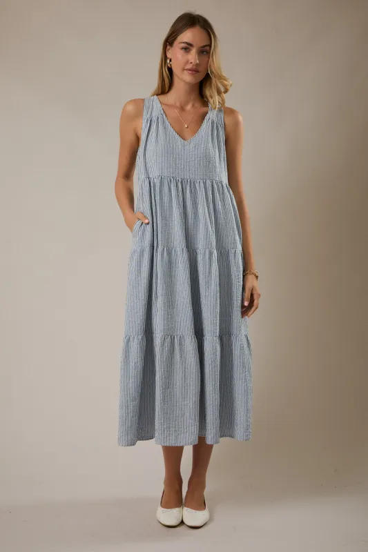 Blue Striped V-Neck Sleeveless Tiered Midi Dress sold by Pinkblush