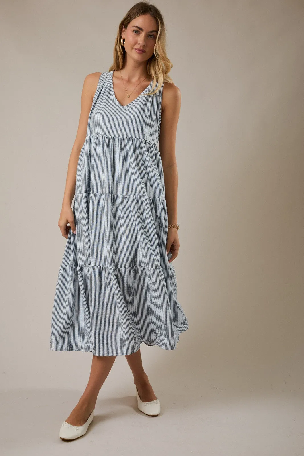 Blue Striped V-Neck Sleeveless Tiered Midi Dress sold by Pinkblush product image thumbnail 2