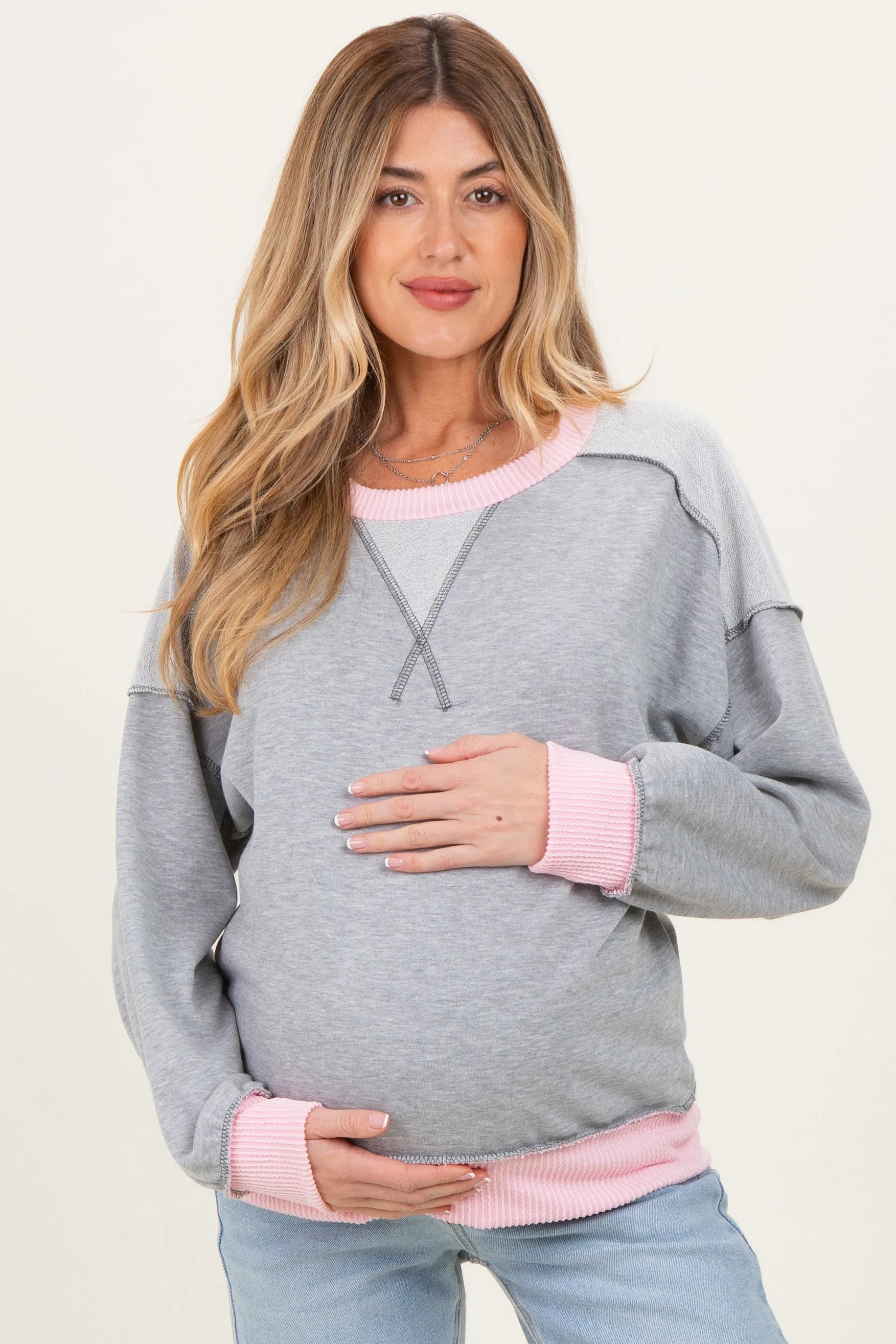 Heather Grey Contrast Band Exposed Seam Maternity Pullover sold by Pinkblush