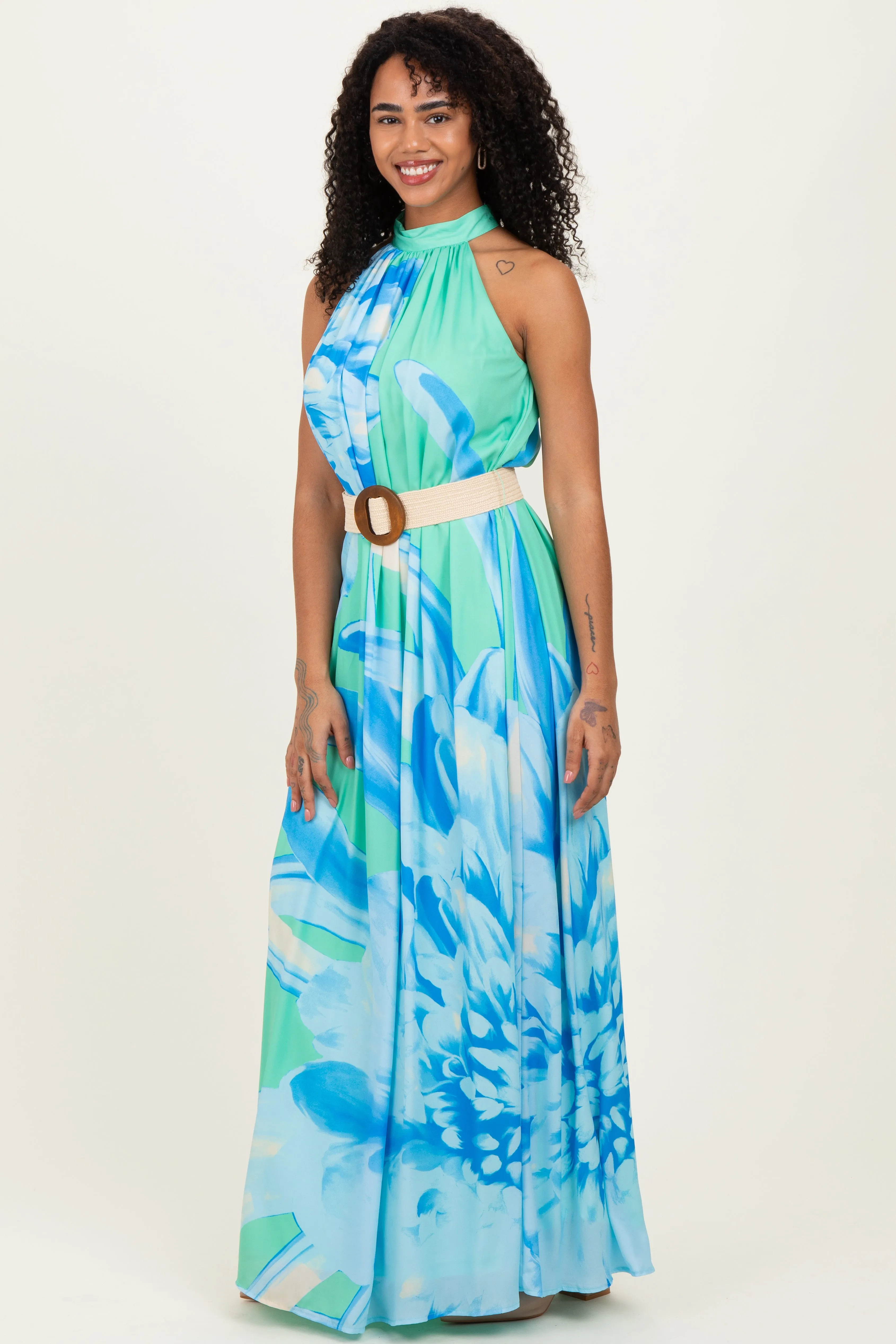 Mint Floral Chiffon Halter Maxi Dress sold by Pinkblush product image thumbnail 3