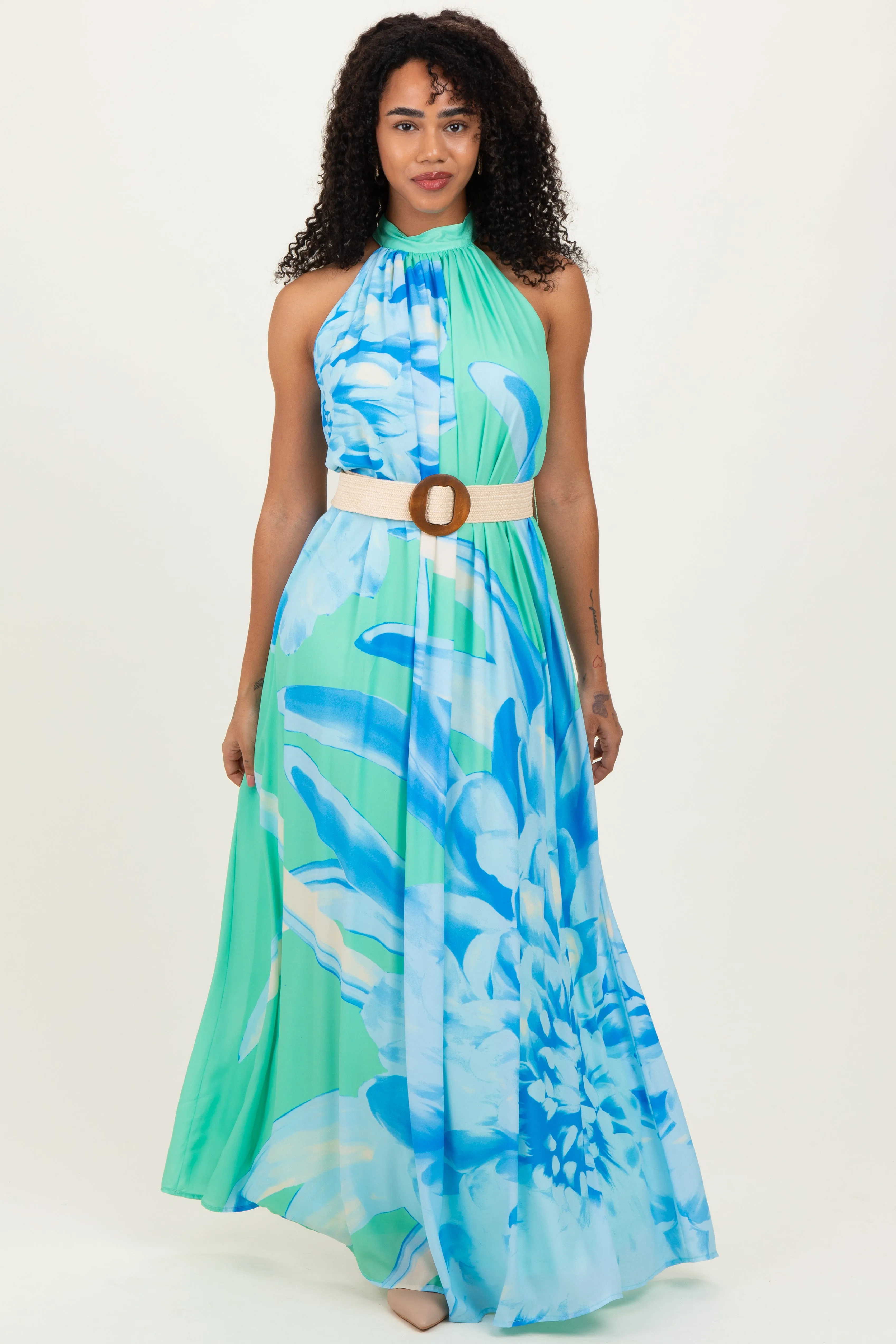 Mint Floral Chiffon Halter Maxi Dress sold by Pinkblush