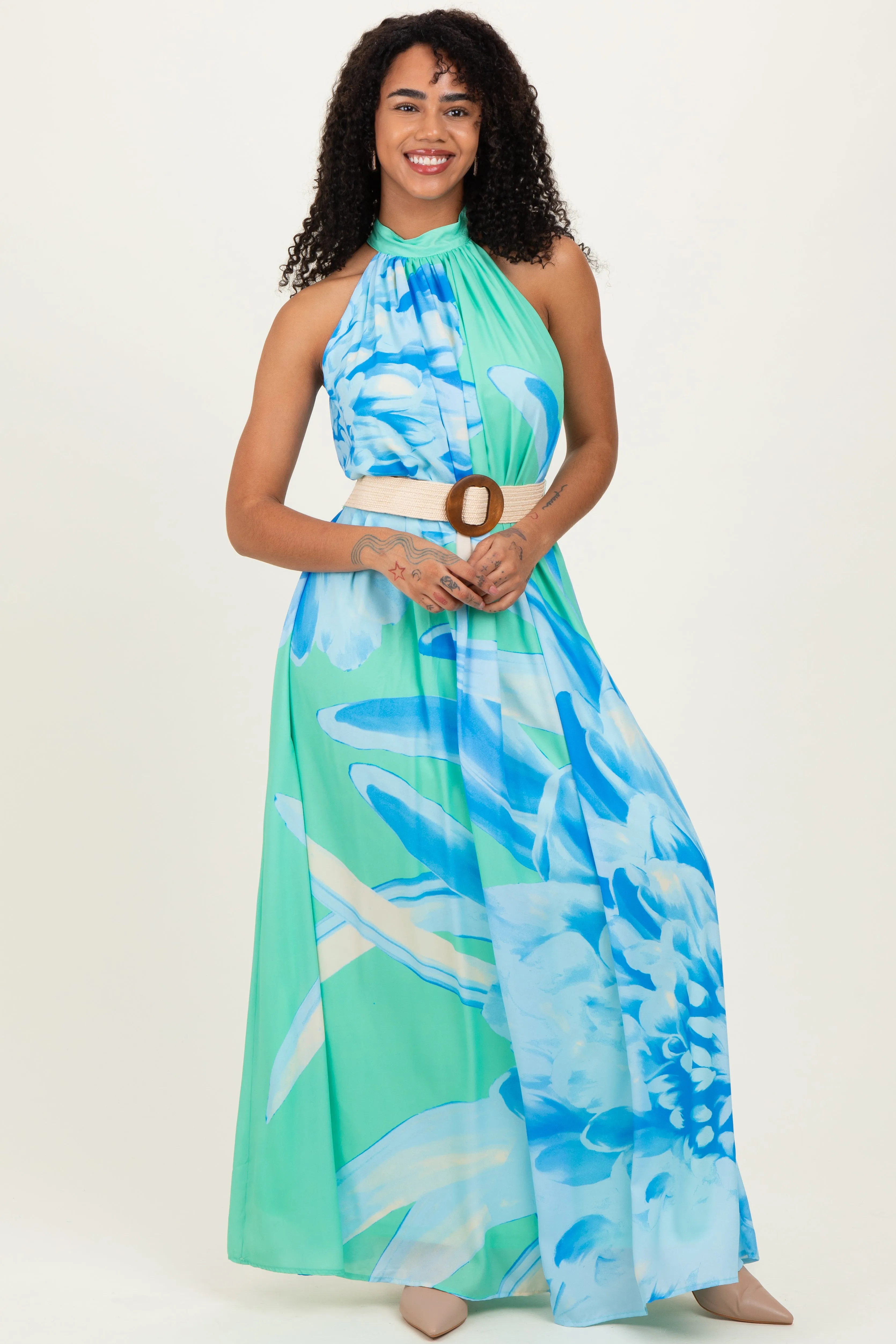 Mint Floral Chiffon Halter Maxi Dress sold by Pinkblush product image thumbnail 2