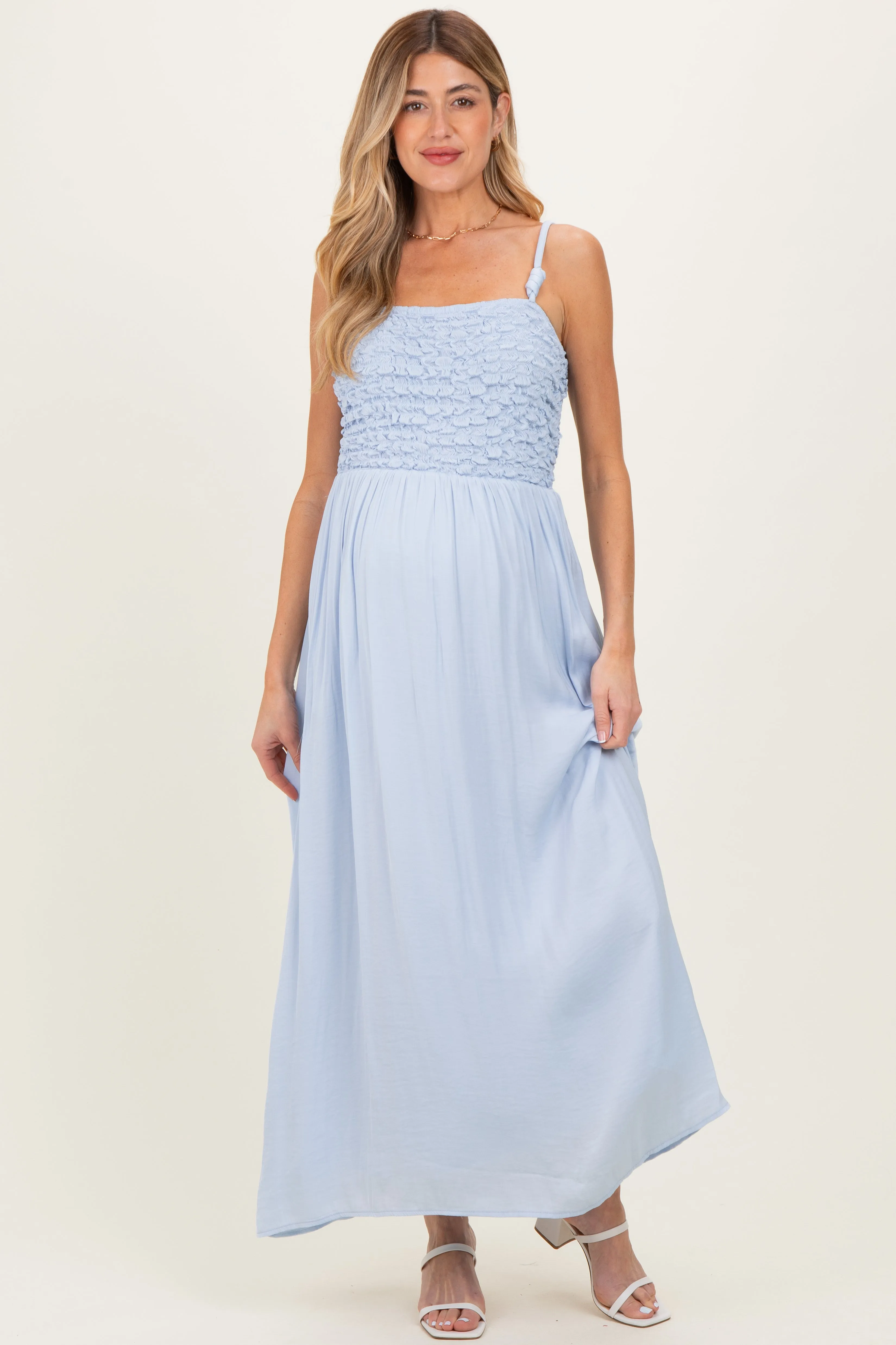 Light Blue Textured Smocked Maternity Maxi Dress sold by Pinkblush