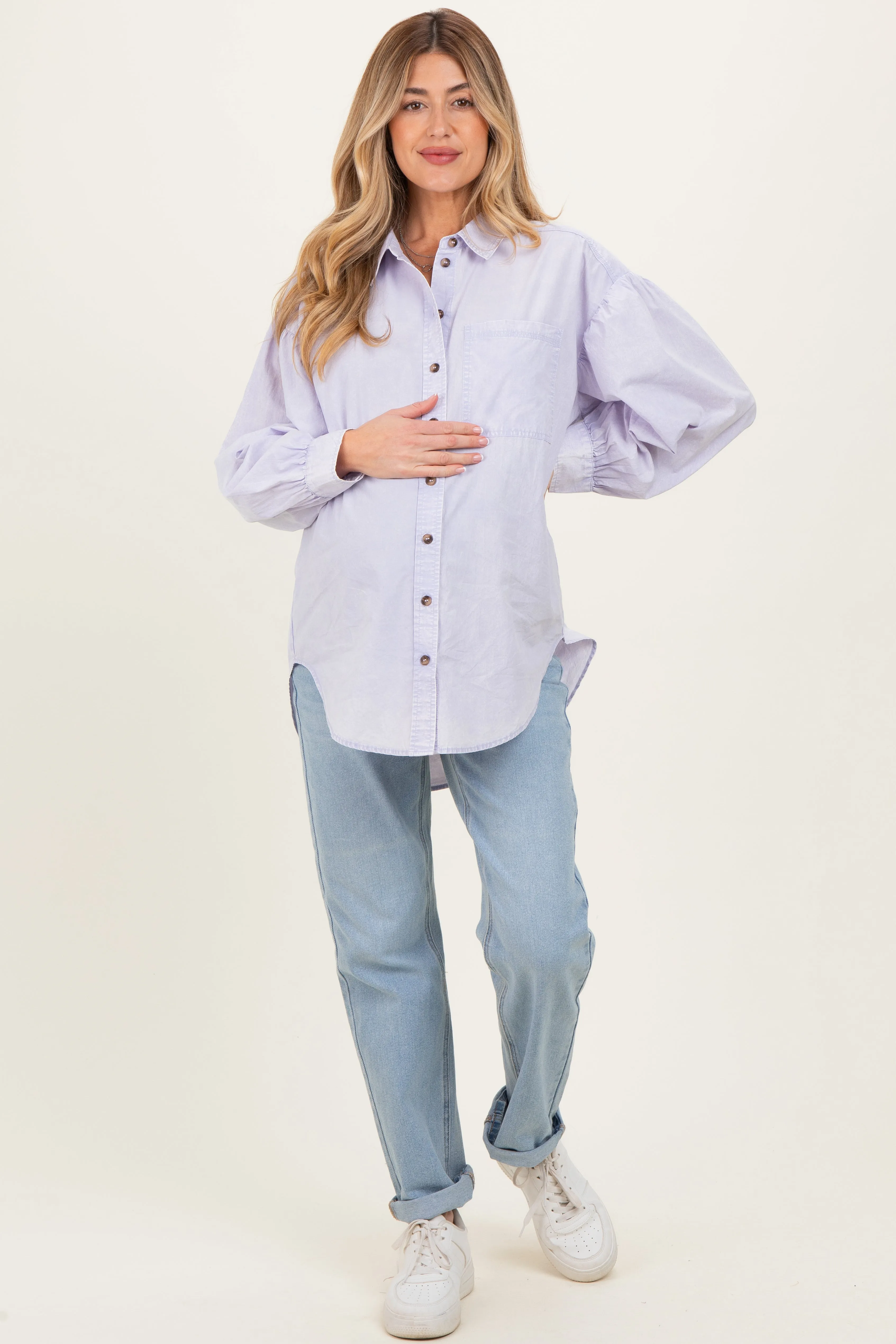 Lavender Button Down Lightweight Casual Maternity Shirt sold by Pinkblush product image thumbnail 2