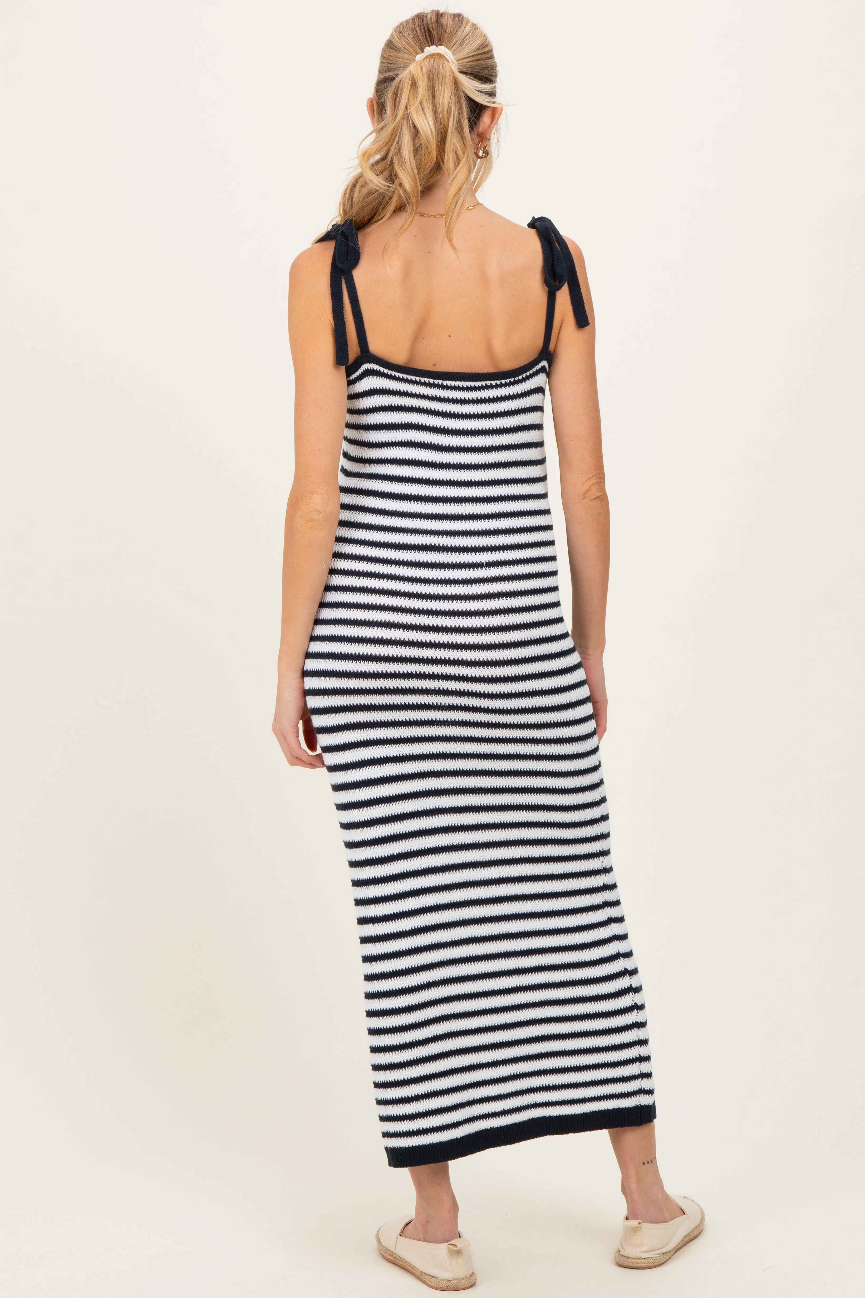 Navy Striped Knit Shoulder Tie Maternity Maxi Dress sold by Pinkblush product image thumbnail 4