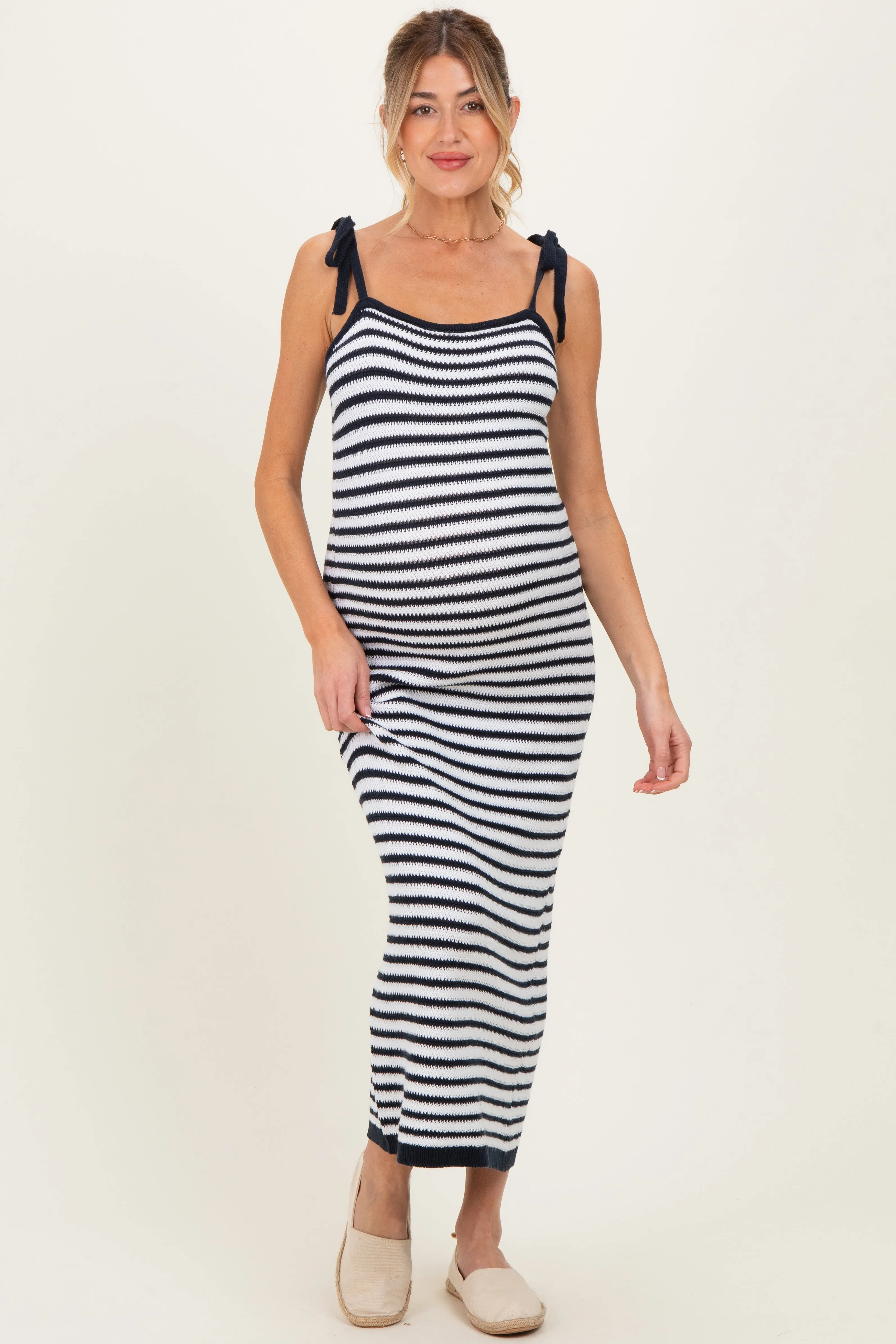 Navy Striped Knit Shoulder Tie Maternity Maxi Dress sold by Pinkblush product image thumbnail 2