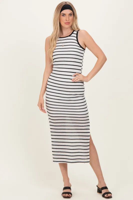 Ivory/Black Striped Contrast Ribbed Knit Sleeveless Maxi Dress sold by Pinkblush