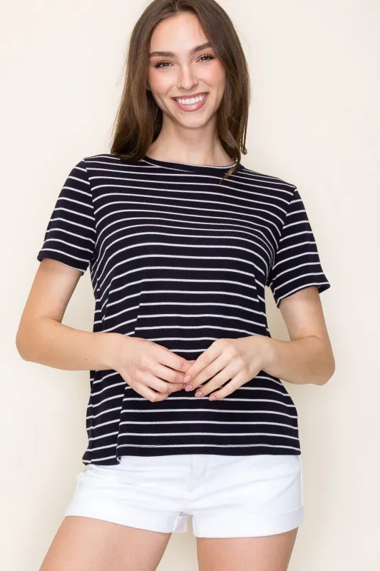 Navy Striped Short Sleeve Top sold by Pinkblush