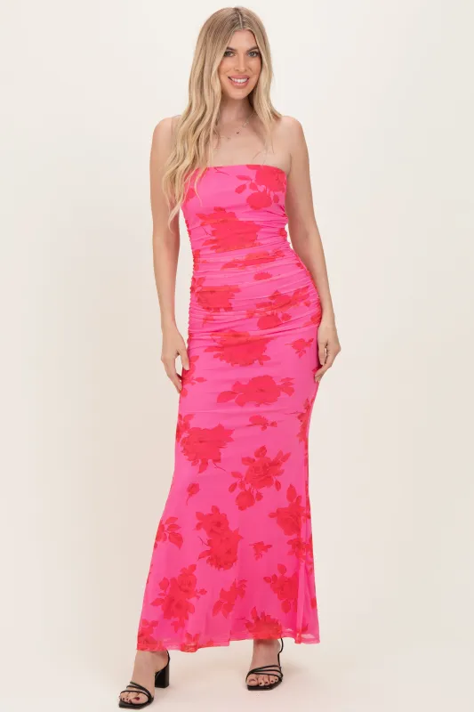 Fuchsia Floral Open Back Strapless Ruched Maxi Dress sold by Pinkblush