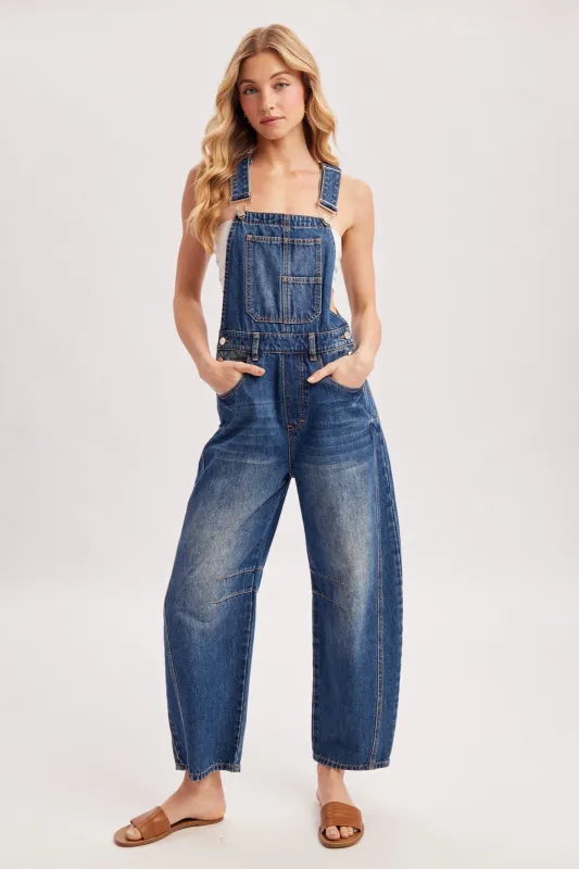 Dark Wash Denim Barrel Overalls sold by Pinkblush