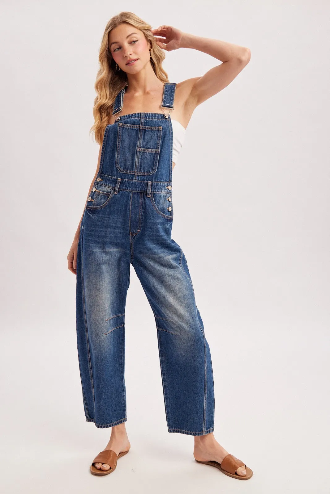 Dark Wash Denim Barrel Overalls sold by Pinkblush product image thumbnail 3