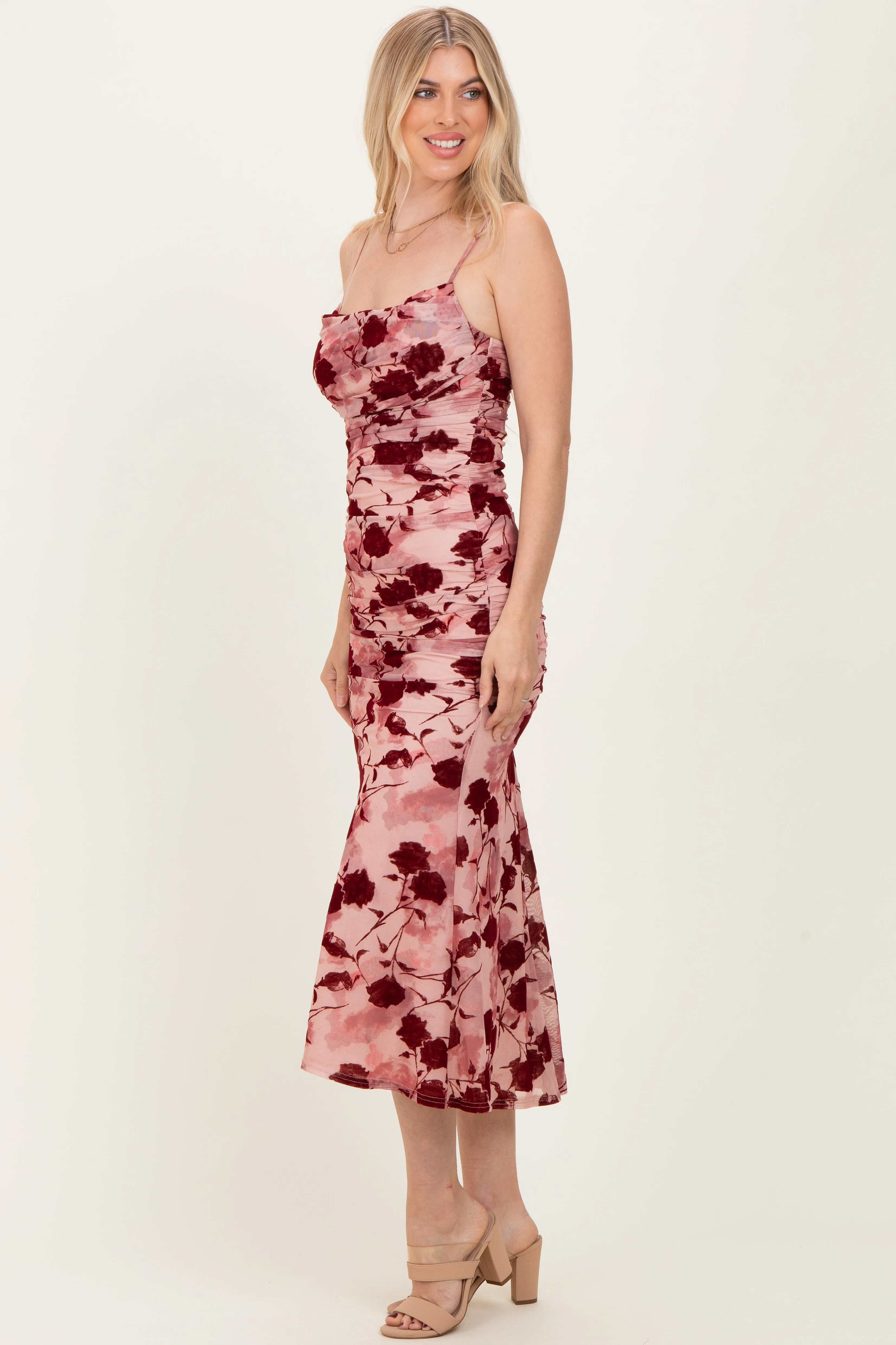 Pink Rose Floral Mesh Ruched Midi Dress sold by Pinkblush product image thumbnail 3
